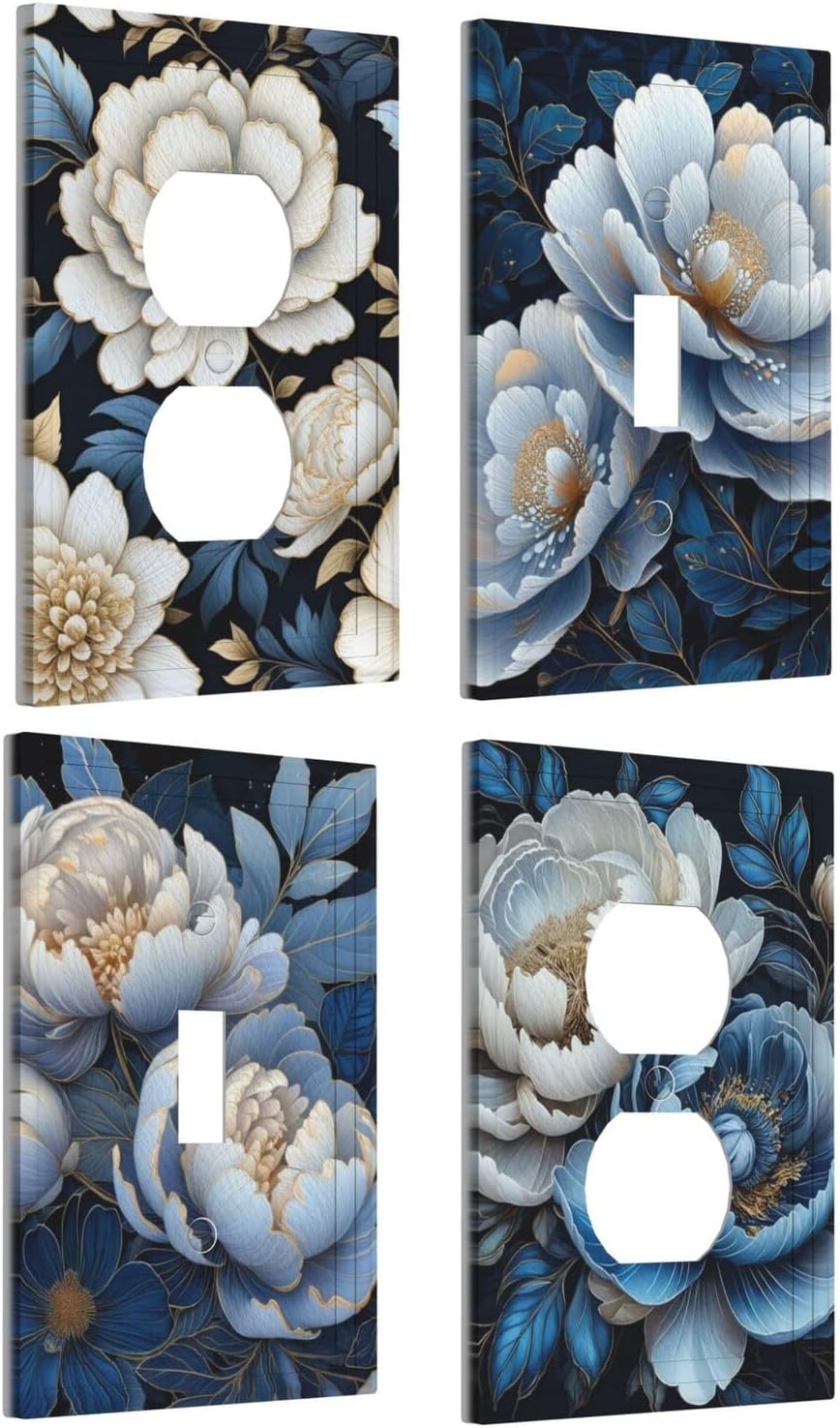 Decorative Art Light Switch Covers Blue Blooming Flowers 1 Gang Single Toggle Single Duplex Outlet Wall Plate Switchplate Electrical Faceplate 4 Packs Combination Design Single Toggle(2Packs)/1 Gang Duplex(2Packs) Blue Blooming Flowers