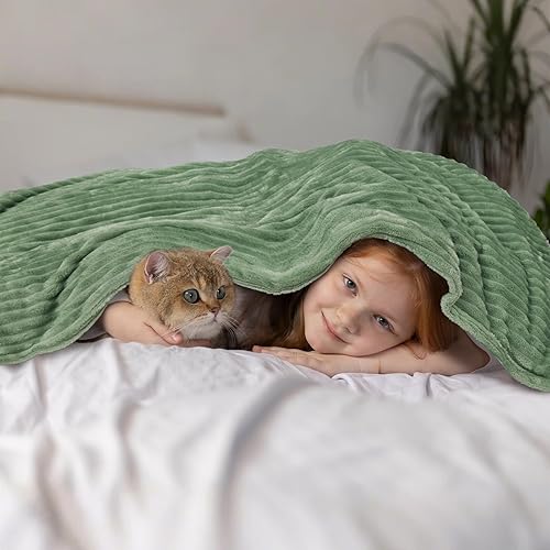 Miniatura 3 de Vessia Manta de franela de forro polar, 300GSM, acogedora manta a rayas verde salvia para sofá, cama y sofá, cálida y suave, acogedora manta