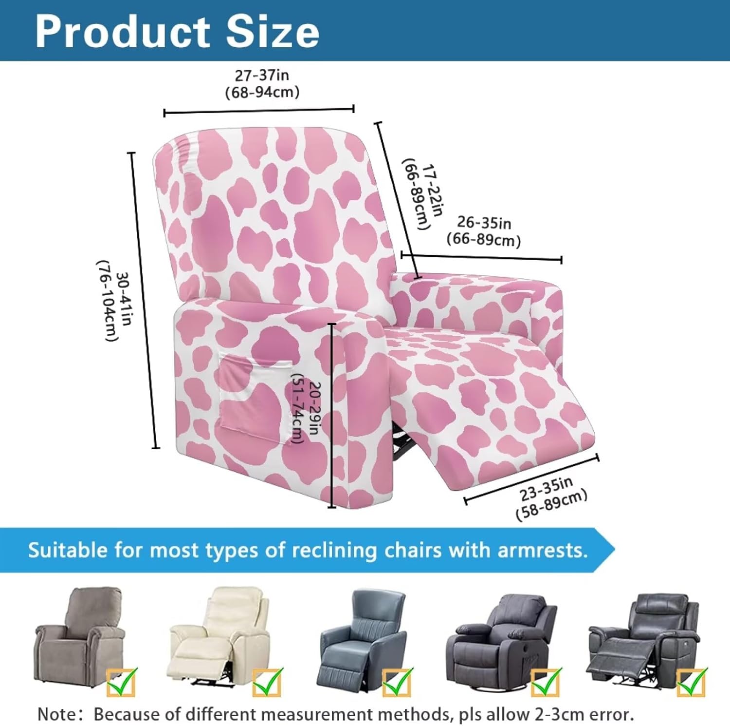 Pink Cow Print Recliner Covers That Stay in Place Chair Arm Covers Protectors Lazy Boy Recliner Covers Fitted Non Slip Reclining Slipcovers for Pets Kids Soft Stretchy Reclining Couch Covers