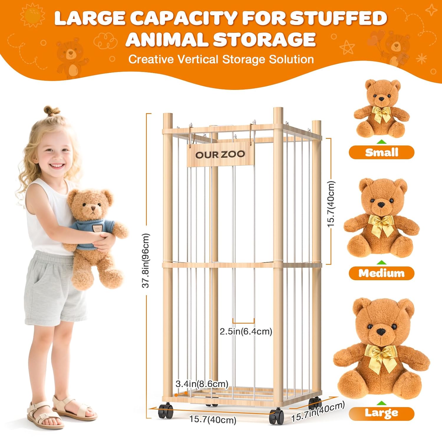 Stuffed Animal Storage: Wood Plush Toy Organizer, Stuffed Animal Zoo with Mesh Net, Stuffed Animal Holder with Brake Wheels, Space Save Stuffed Animal Cage for Kids Room Playroom Nursery Bedroom - Image 3