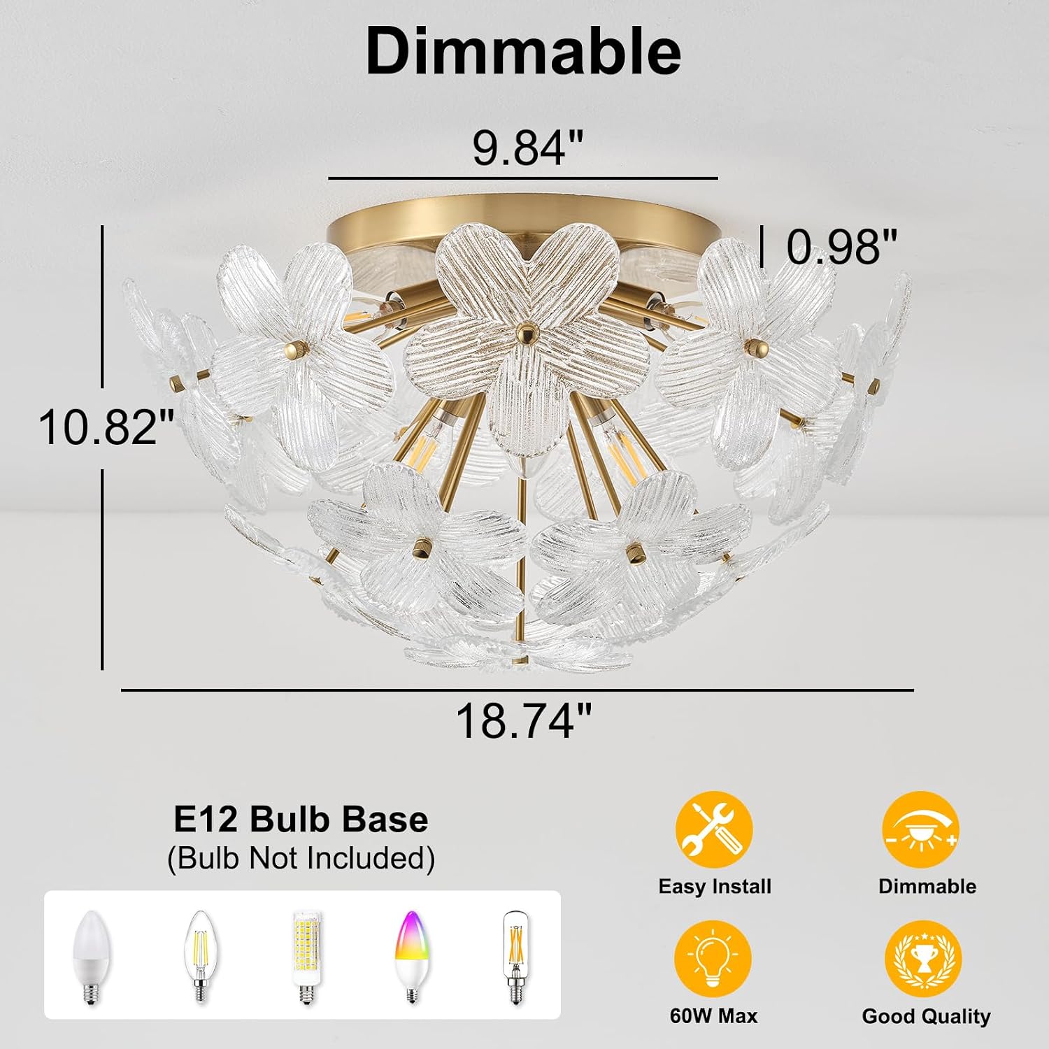 Flush Mount Ceiling Light 19" Gold Glass Flower Chandelier with 16 Petals