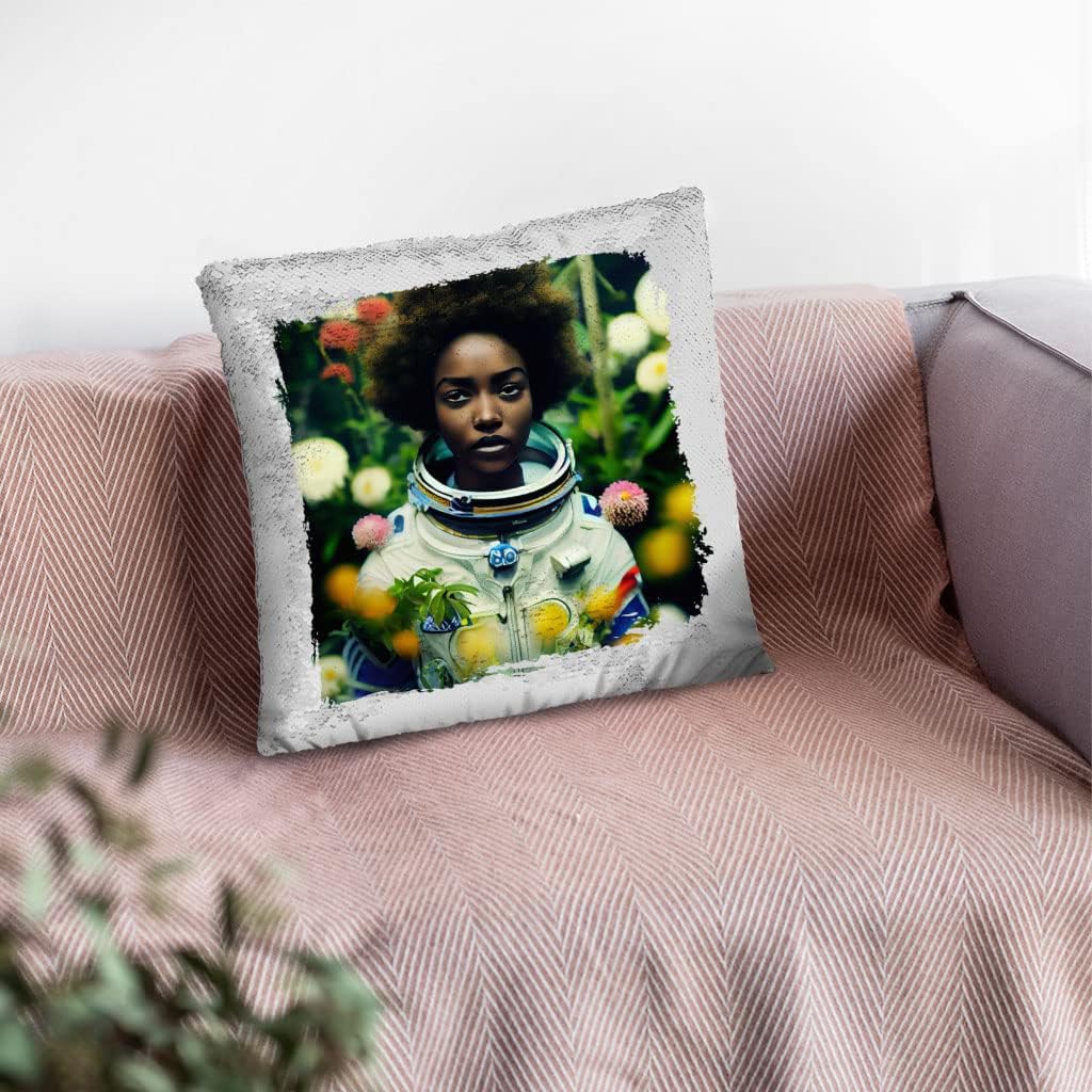 Astronaut Print Sequin Pillow Case - Cute Girl Pillow Case - Themed Pillowcase - Black