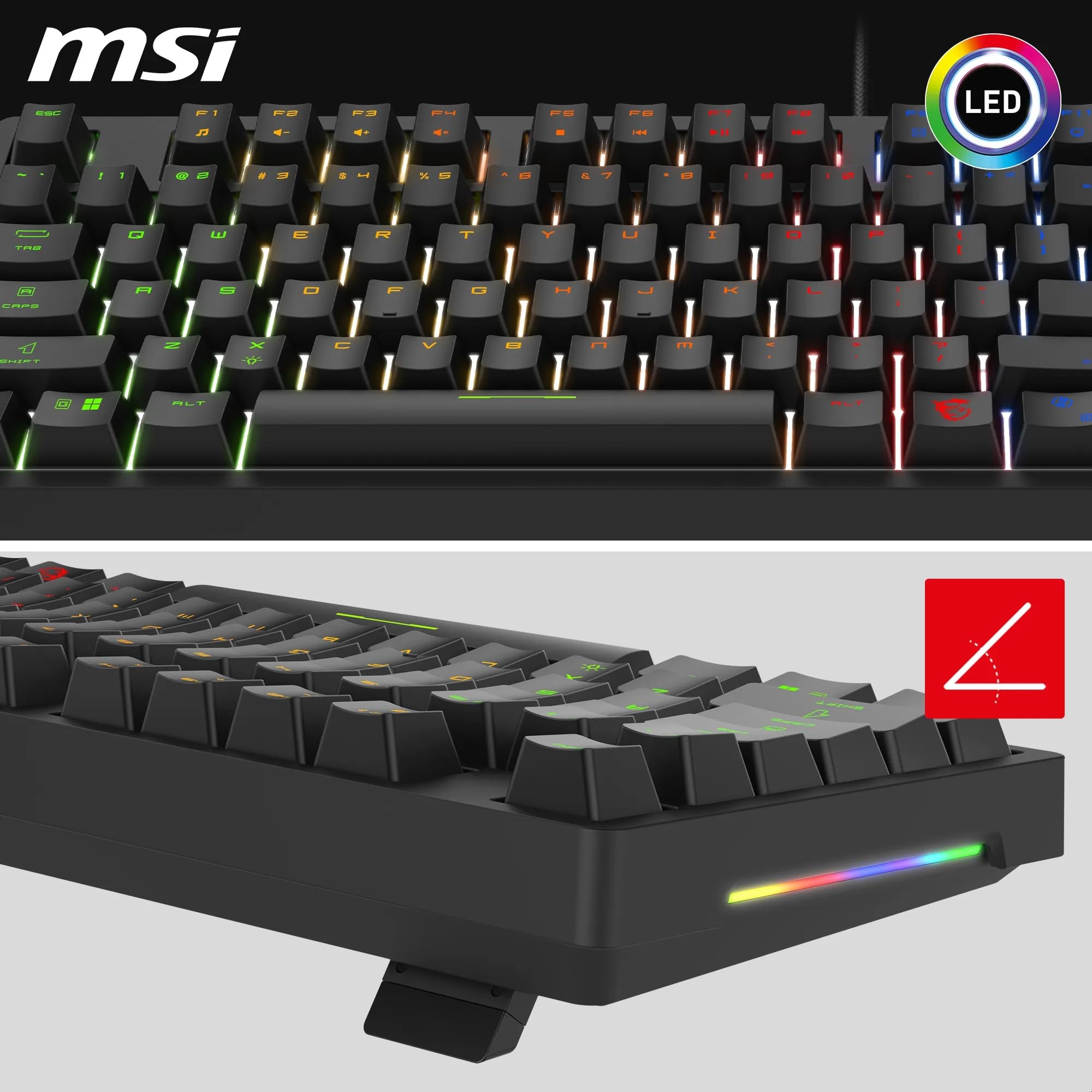 MSI Forge GK320 FR Teclado mecánico Gaming - AZERTY, Switches Red (Lineales) Intercambiables, Tapa magnética, Teclas ergonómicas, LED RGB, USB 2.0 - Tamaño Completo
