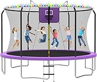 ACWARMHOME 8-14FT Outdoor Trampoline with Safety Net, Ladder, LED Lights & Basketball Hoop - ASTM Approved for Kids & Adults