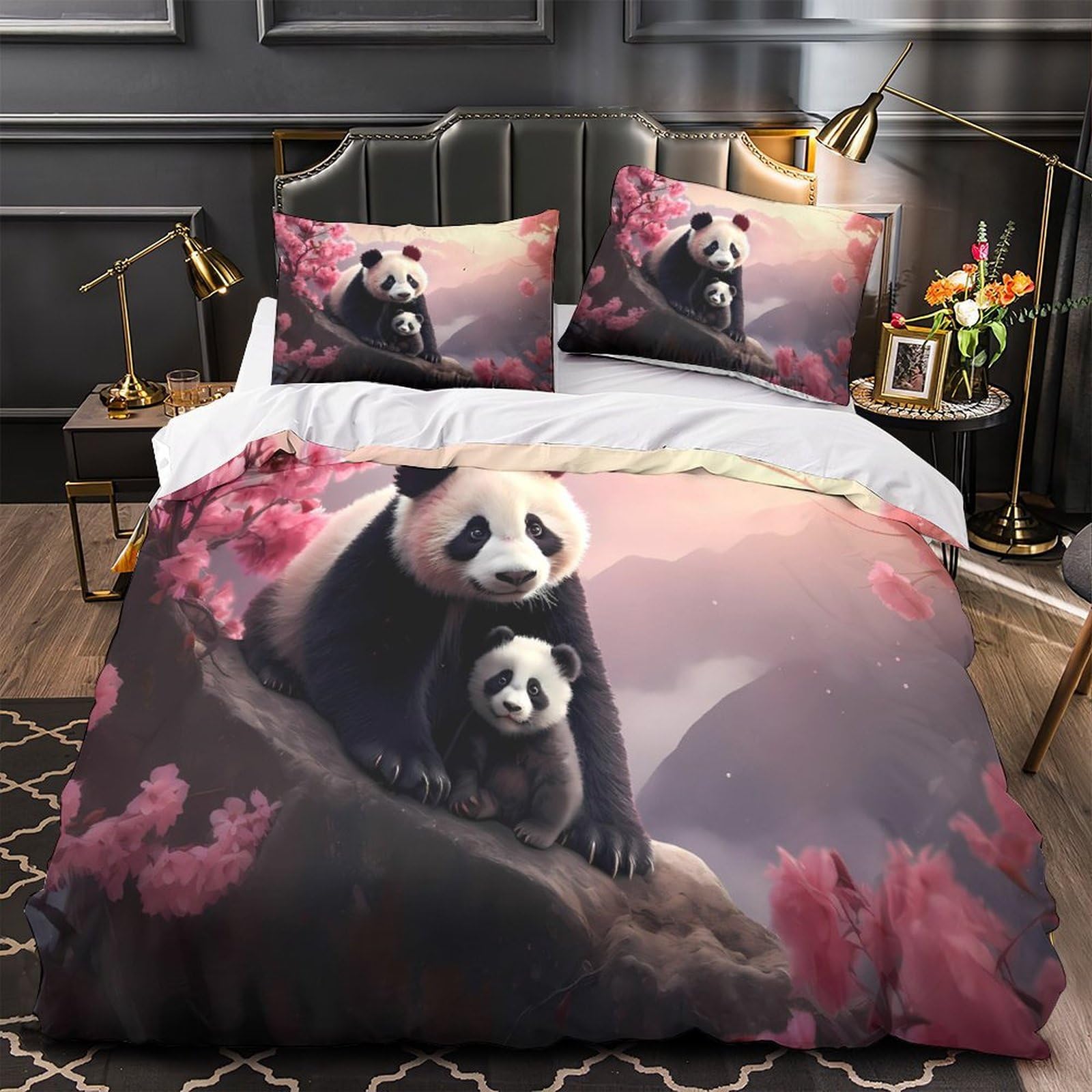 Panda-Pärchen Bettbezug 3 Teilig Mikrofaser Reißverschluss Hautfreundlich Bettdeckenbezug 3D Gedruckt Weich Kuschelig mit Kissenbezug Schlafkomfort for Teen Jungen & Fans King（220x240cm）