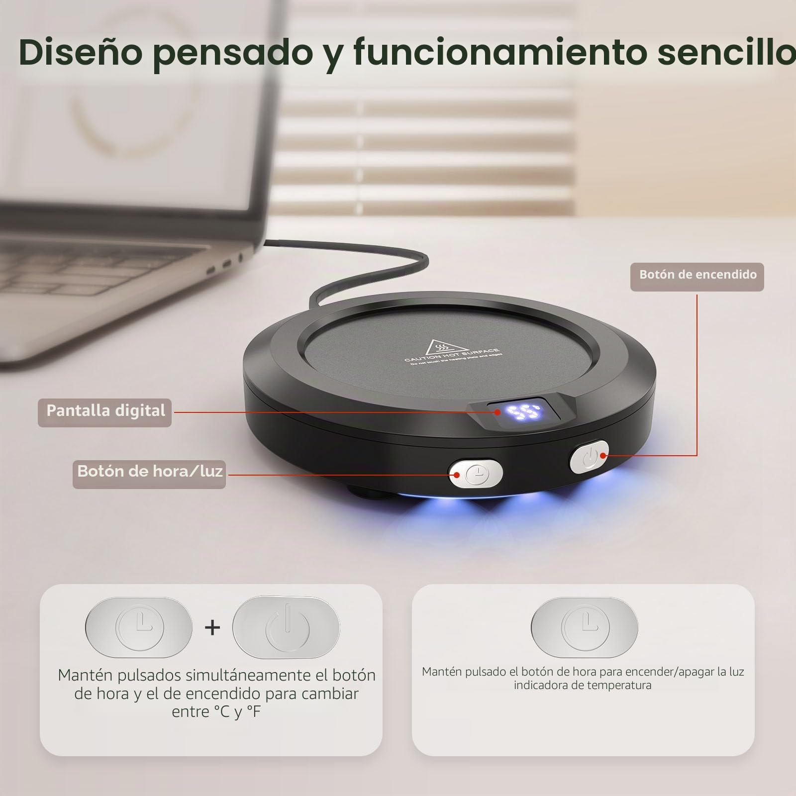 Accwork Mini Calentador de Taza Café, Calentador de Bebidas Calienta Leche, Té con 3 Modos de Temperatura, 2-12H Apagado Automático, Calentador de Café para Oficina, Hogar