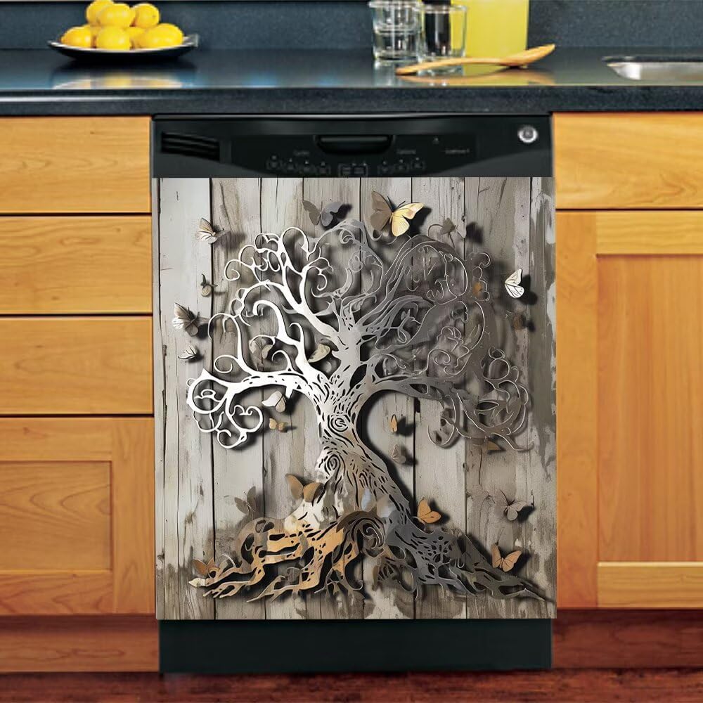 Retro Tree of Life Dishwasher Magnetic Cover,Tree Sticker Vinyl Dishwasher Cover,Wood Tree of Life Front Door Panel Decal Magnet Cover for Dishwasher Refrigerator Kitchen Decor,23"x 26"