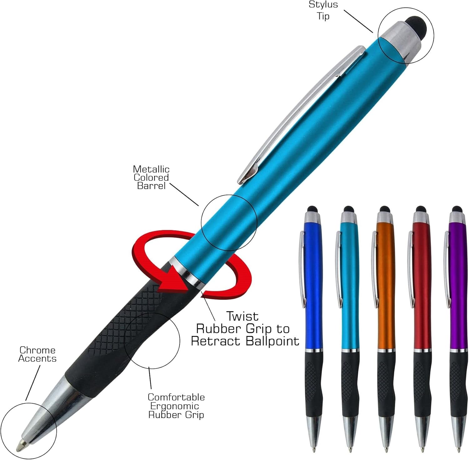 Personalized Pens With your Custom Logo or Text-300 Pack Bulk-for Businesses, Parties, and Events, 2 in 1 Ballpoint Pen + Capacitive Stylus for Touchscreen Devices, Dark Assorted Barrels, Black Ink