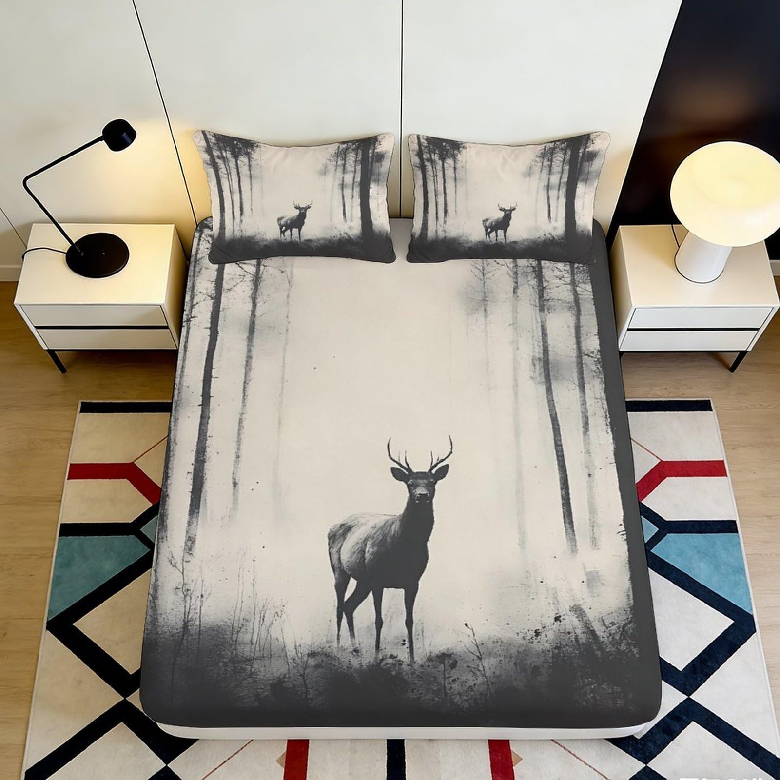 3D Printed Forest Deer Fitted Sheet Microfiber Soft Breathable Woodland Stag Mattress Cover for Bedroom Guest Room Decor 90x200x25cm