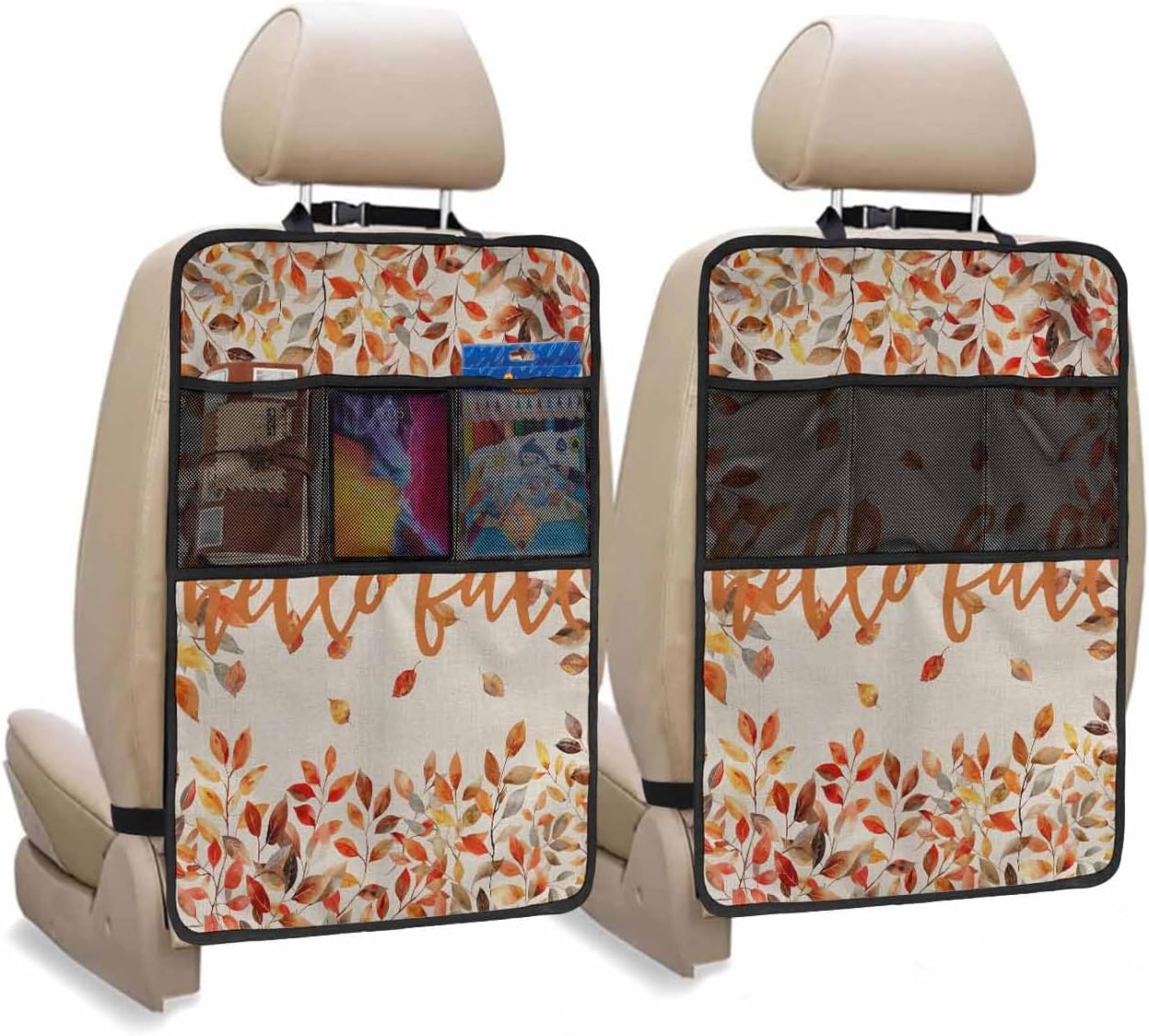 Car Seat Protector, 2 Pack Kick Mats with Organizer - 3 Pocket Storage, Thanksgiving Hello Fall Plant Leaves Linen Texture Back Seat Cover for Kids Universal Fit Automotive Interior Protectors