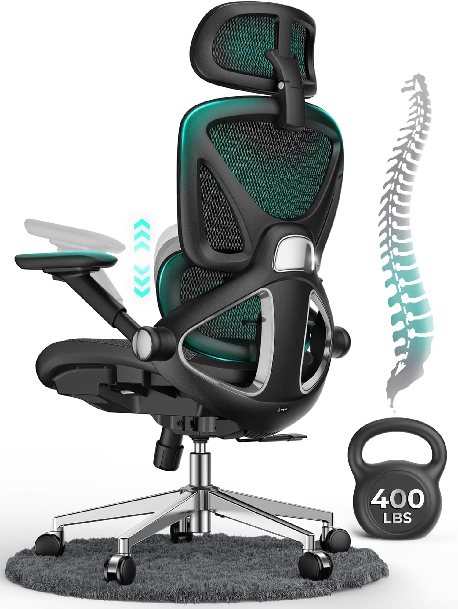 CAPOT Ergonomic Mesh Office Chair, Adjustable Lumbar High Back Desk Chair 400lbs, 4D Flip-up Arms, 3-Level Tilt Backrest, 3D Headrest, PU Wheels, Swivel Rolling Computer Seating for Long Desk Work