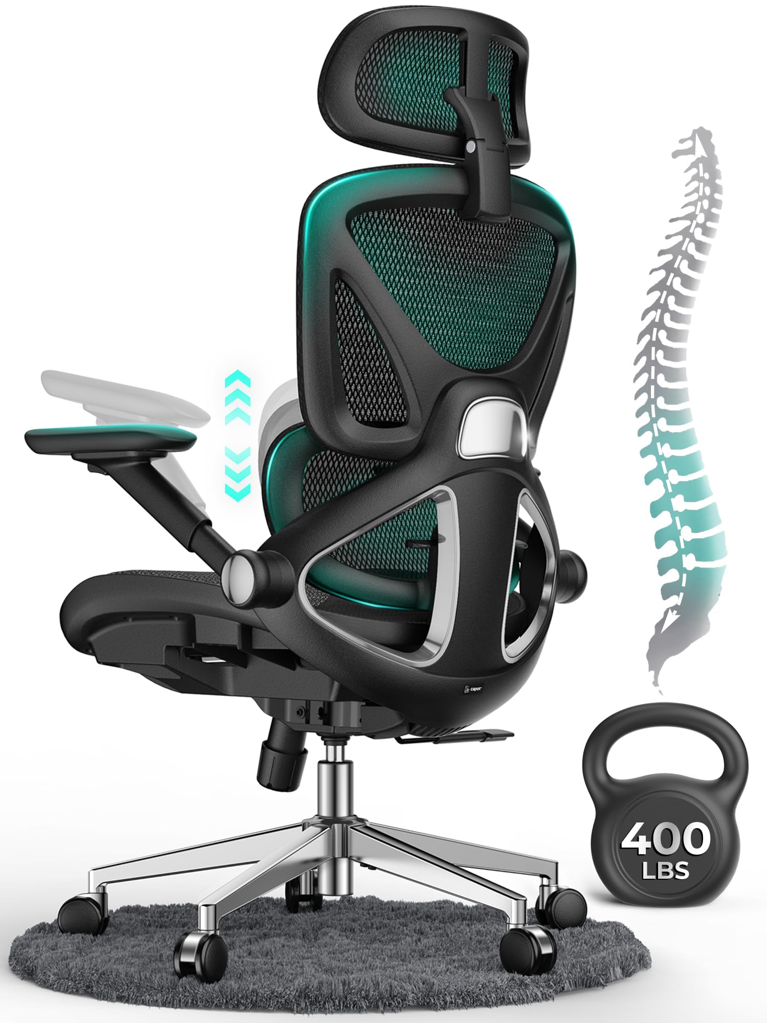 CAPOT Ergonomic Mesh Office Chair, Adjustable Lumbar High Back Desk Chair 400lbs, 4D Flip-up Arms, 3-Level Tilt Backrest, 3D Headrest, PU Wheels, Swivel Rolling Computer Seating for Long Desk Work