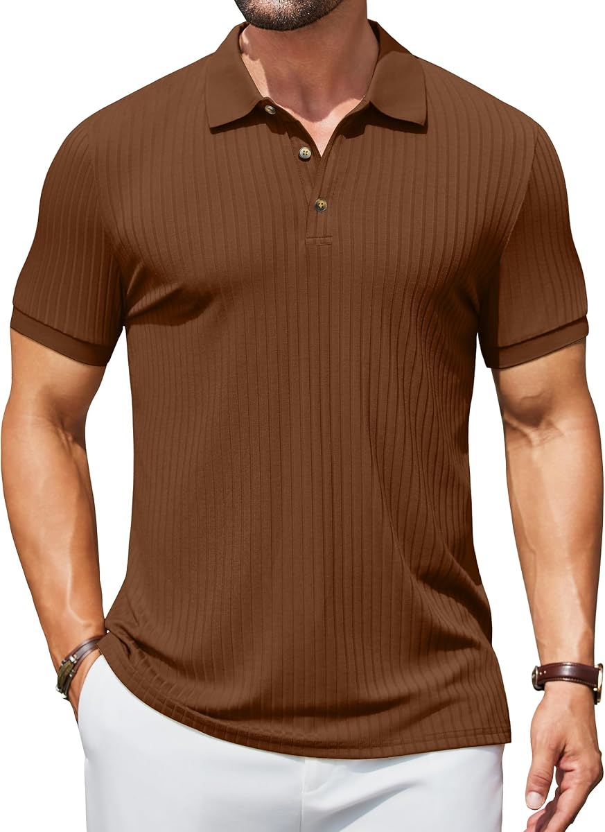 COOFANDY Polo con textura para hombre, manga corta, corte entallado, informal, con botones, polo de golf con cuello de verano