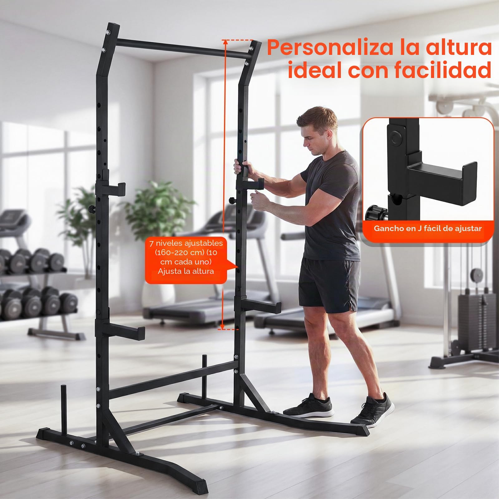 Power Cage Squat Rack Resistente, Torre de Fuerza Multifuncional Power Rack para Home Gym Dip Varilla, Gancho en J ajustable y barras de seguridad para dominadas con barra
