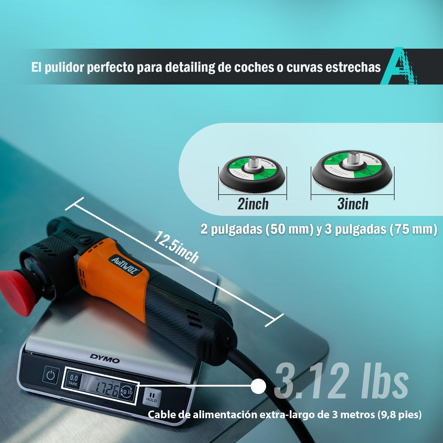 AUTIWOZ W02 630W Pulidora Orbital 12mm,Mini Pulido Faros,Pulido Completo y de Detalle,Plato Pulidor 50mm/75mm,Arranque Suave 2500-7000RPM,Eliminar Arañazos,Encerar,Pulir y Lijar