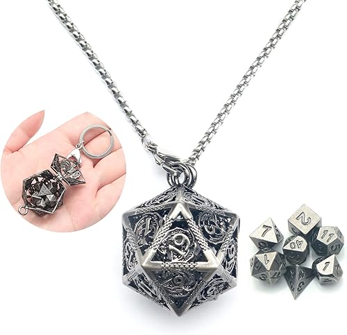 PJOY Juego de dados pequeños DND con estuche de collar hueco D20 negro dorado D20, llavero portátil de 7 piezas, llavero de hierro antiguo, juego de