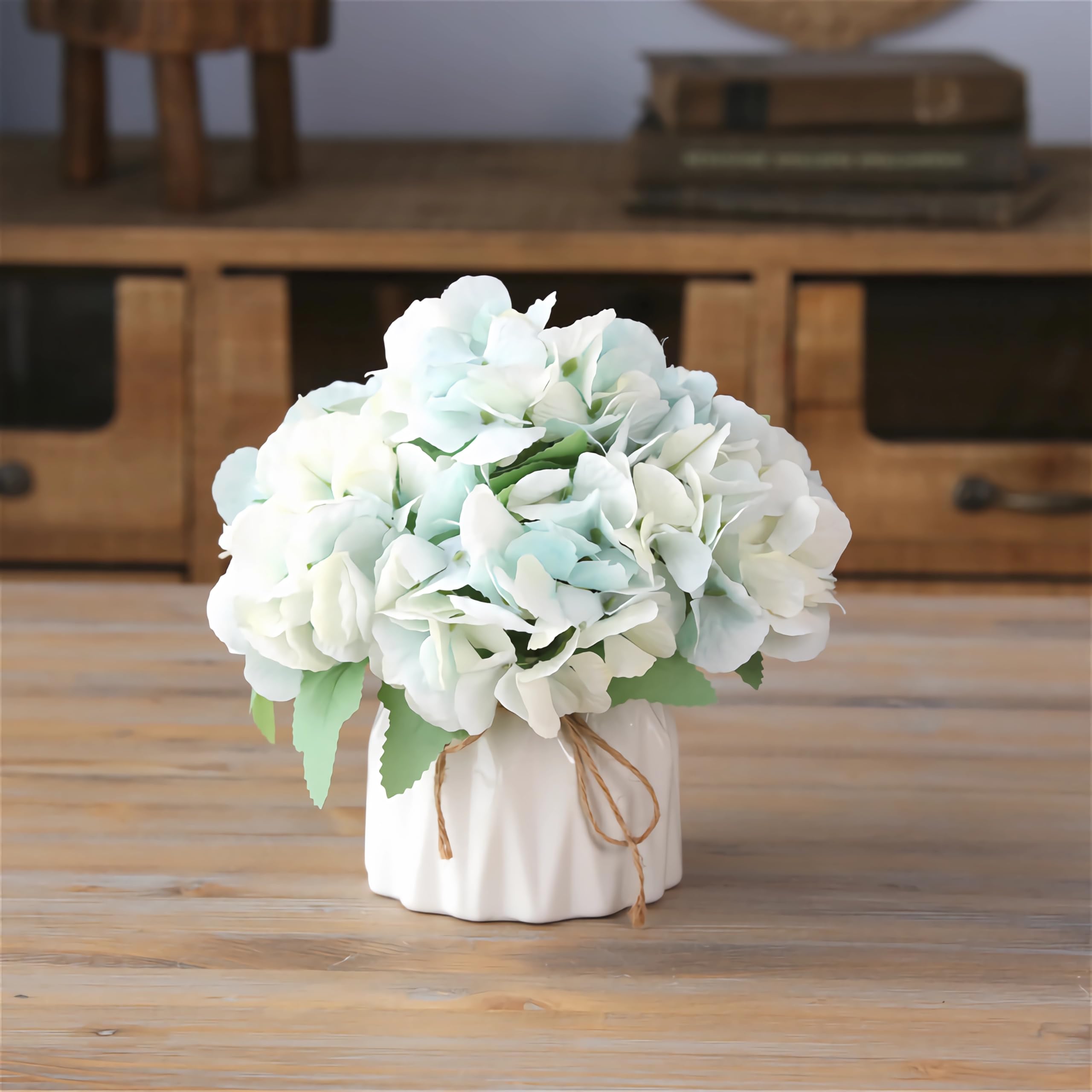 Hbluefat Fake Flowers in Vase, Small Artificial Silk Flowers with Ceramic Vase, Faux Flower Arrangement for Home Office, Coffee Dining Table