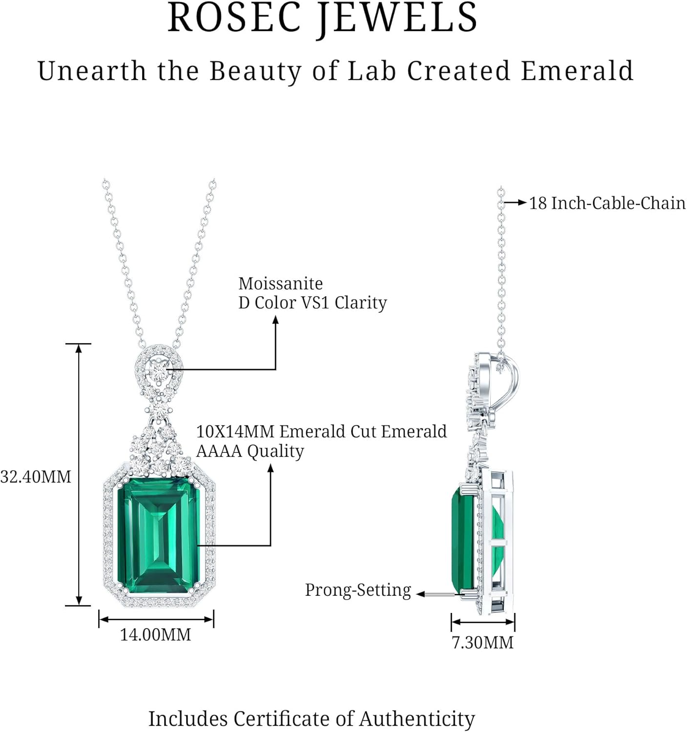 Certified 8 Carat Lab Grown Emerald Vintage Necklace With Silver Chain, Aaaa Quality - Gift For Special Occasions