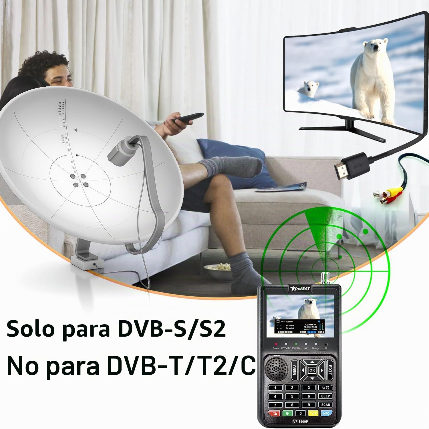 VF6900 Medidor de Campo DVB-S/S2, Medidor Señal Satelite con Imagen de TV, Buscador Satelite Parabolica Pantalla LCD HD de 3,5" con Espectro/Scr/Dcss