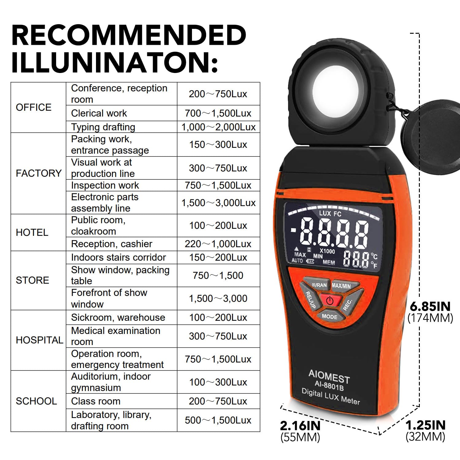AIOMEST Numérique Luxmeter Photomètre portable 0,1 ~ 400,000 lux avec données, détecteur rotatif à 270° avec écran LCD pour plantes, bureau, éclairage LED, AI-8801B (orange)