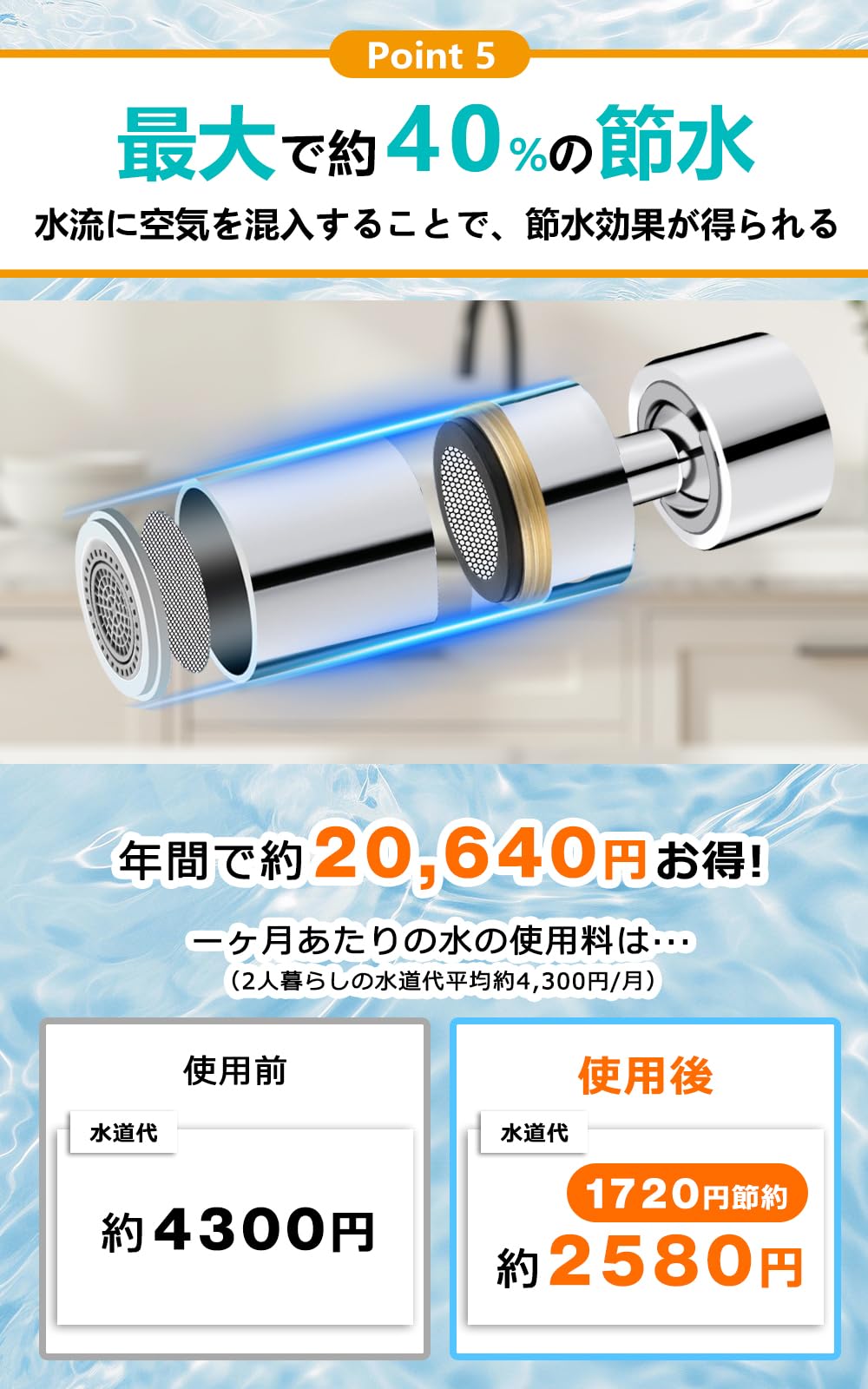 蛇口シャワー キッチン蛇口シャワー 首振りシャワーヘッド キッチン シャワー 節水 泡沫器 首振り 水栓 ノズル 【360度回転式】先端 スパウト 蛇口シャワーヘッド 泡沫器 水栓 交換 キッチン シンク掃除 台所 浴室 洗面室 トイレにも適用可能 - 5