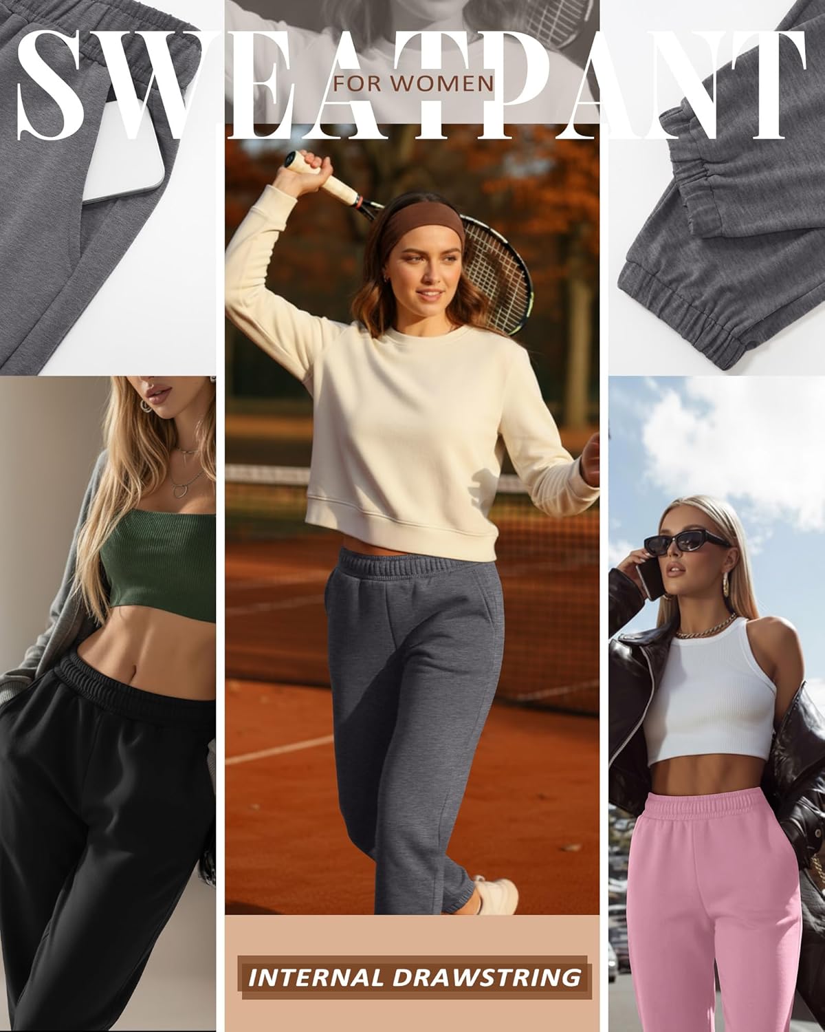 3 Pack Women's Joggers Sweatpants with Pockets, Elastic High Waisted Drawstring Baggy Lounge Trousers Yoga Workout - Image 3