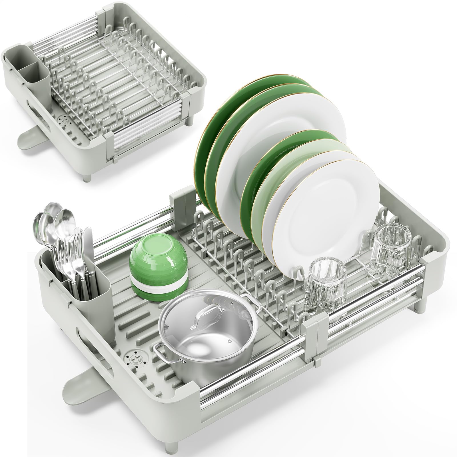 KINGRACK Scolapiatti, Grigio Bianco | Estensibile, Pieghevole, Acciaio Inox, Portaposate Rimovibile, Antigraffio