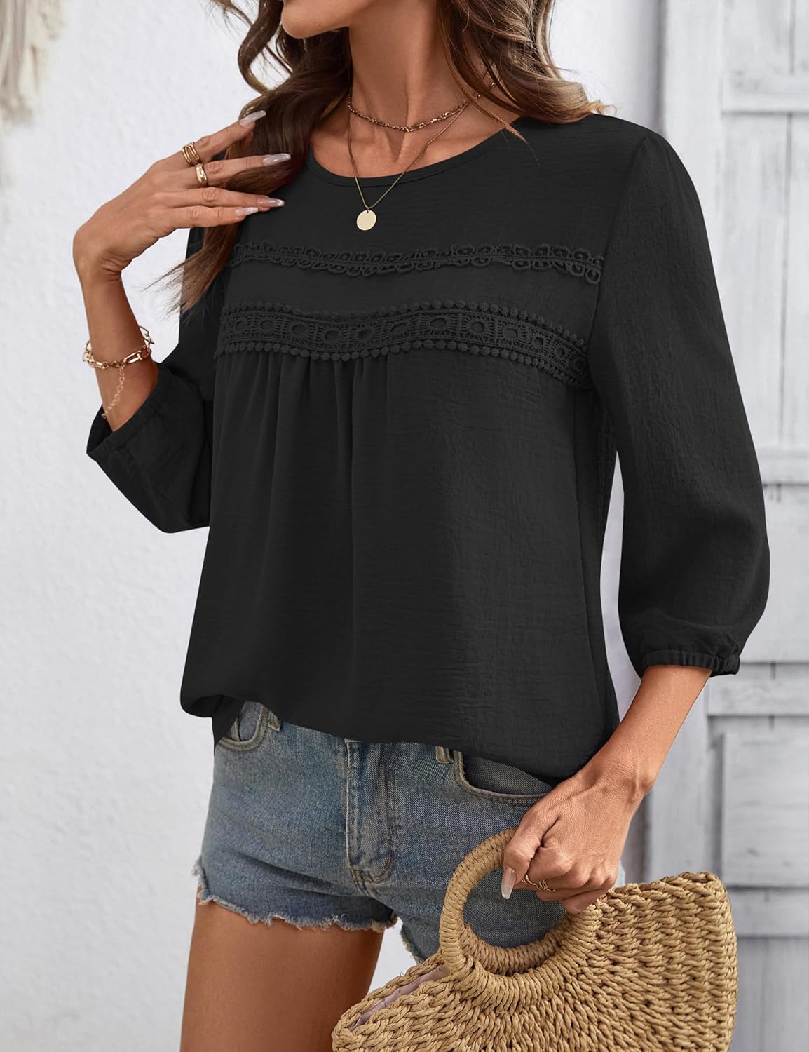Ivicoer 3/4 Length Sleeve Womens Tops Crewneck Dressy Casual Chiffon Blouses Flowy Lace Boho Clothing Trendy 2026 - Image 6