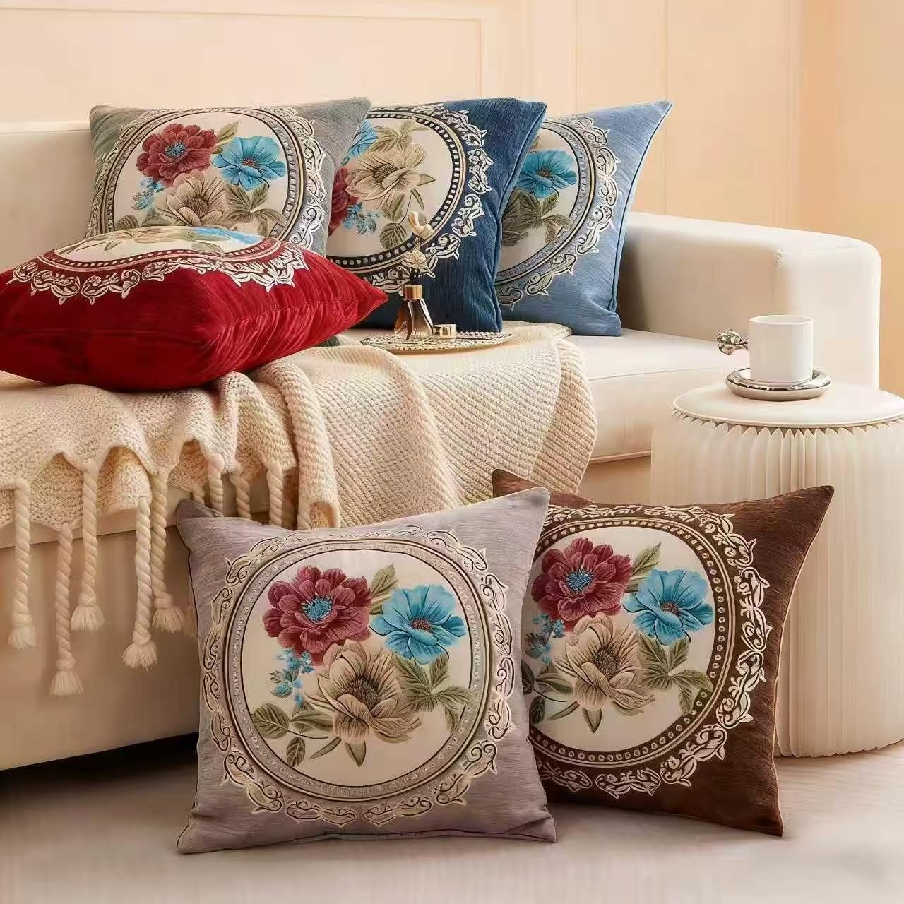Set di 2 federe per cuscini ricamate vintage, 45,7 x 45,7 cm, per soggiorno, motivo floreale, per divano (blu-1)