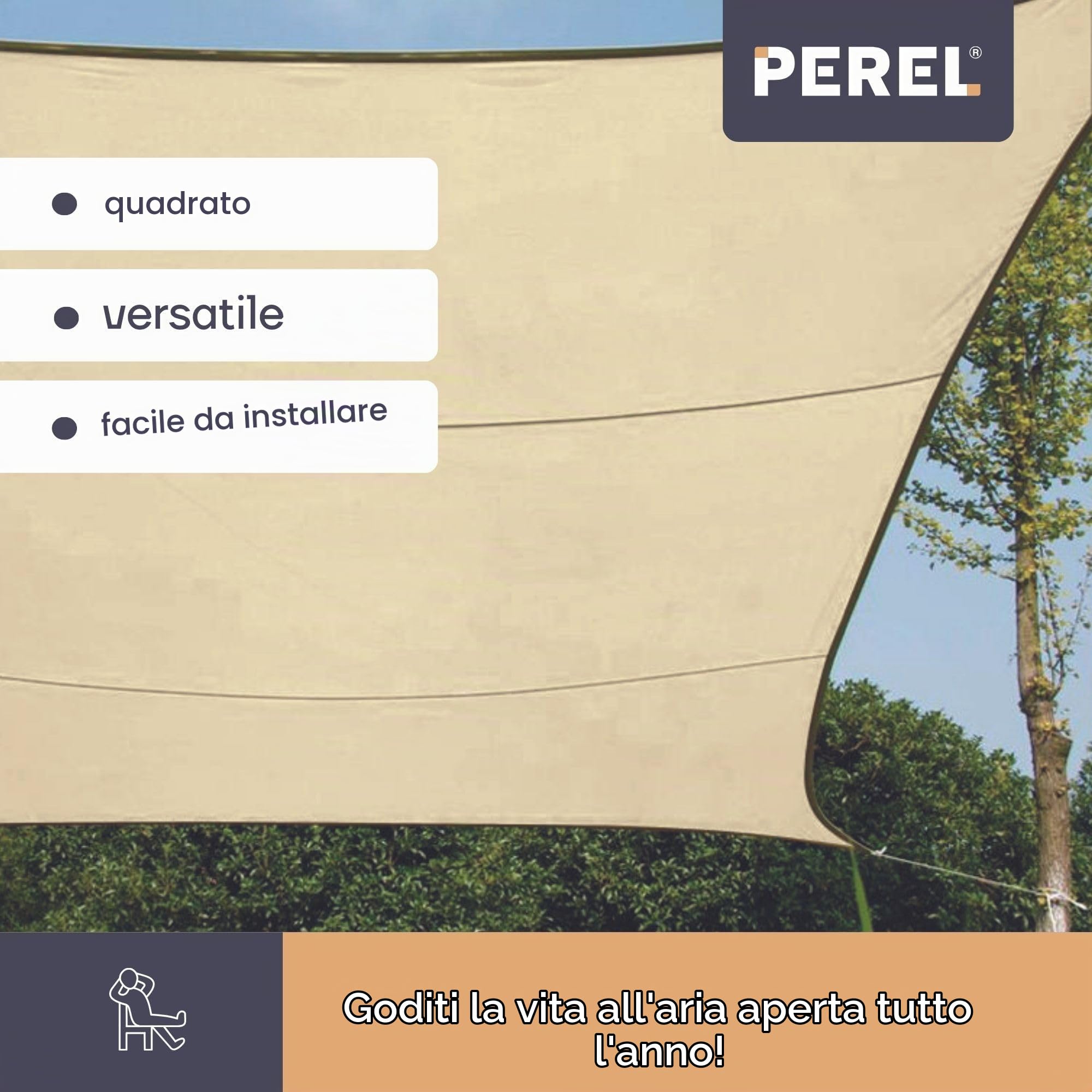 Perel Vela ombreggiante 3.6 x 3.6 m, quadrata per giardino e terrazza, poliestere idrorepellente 160 g/m2, protezione UV 90%, traspirante, crema