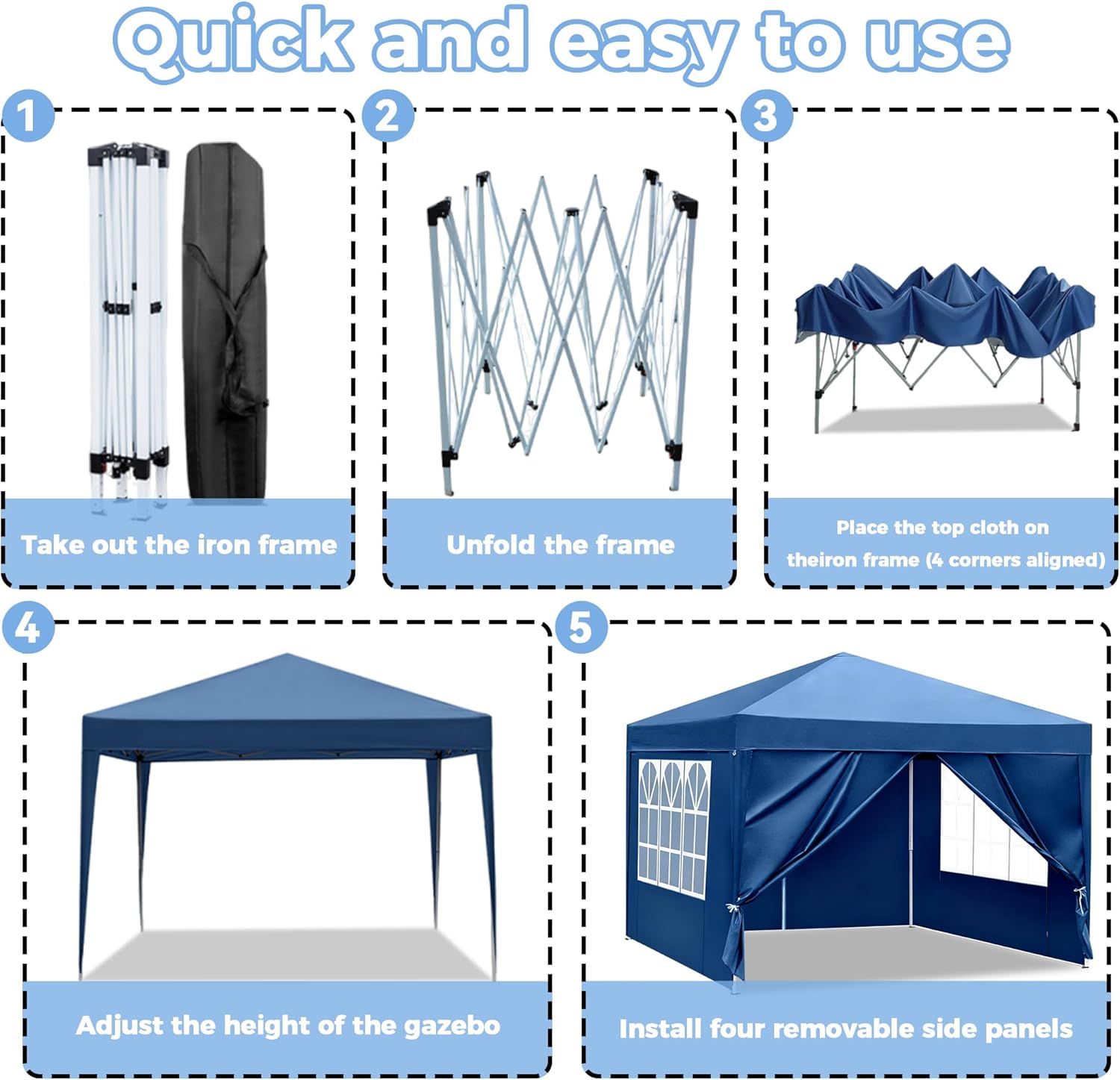 10X10FT Blue Pop Up Party Tent, Outdoor Heavy Duty Party Tent with 4 Removable Sidewalls and Carrying Bag, Portable Gazebos Shelter Sun Shade for Events, Party, Wedding, BBQ, Backyard