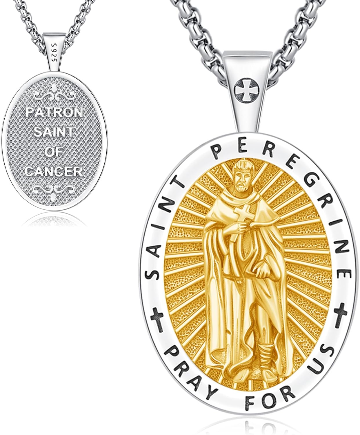 St Peregrine Medal Necklace for Men Women, 925 Sterling Silver St Peregrine Patron Saint Medal Cancer Pendant Amulet Religious Jewelry Gifts