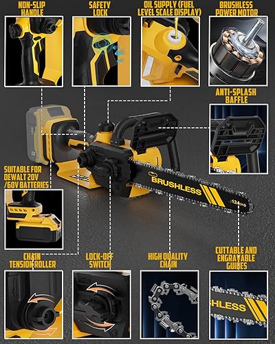 Miniatura 4 de Motosierra 3 en 1 para batería Dewalt de 20 V 60 V Max (batería no incluida), motosierra inalámbrica de 12 pulgadas, 8 pulgadas, 6 pulgadas, 1000 W,