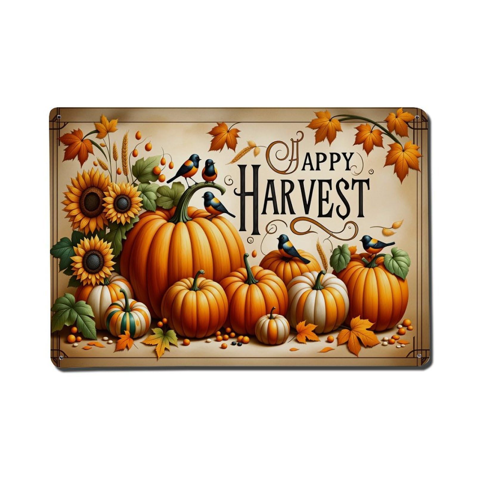 Pumpkin Sunflower Bird Autumn Harvest Tin Sign Vintage Metal Poster, Home Bar Garage Man Cave Cafe Indoor & Outdoor Wall Decoration 8x12Inches