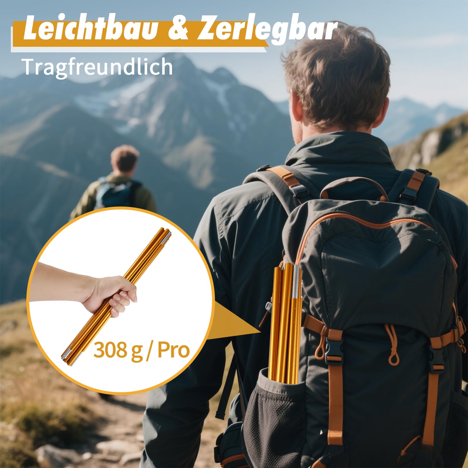 Zeltstangen 2 Stück Faltbare Camping Ersatzstangen für Zelte | Universelles Zeltgestänge mit Tasche, Kompakte Outdoor-Stützstangen Ersatzgestänge für Camping, Wandern und Rucksackreisen