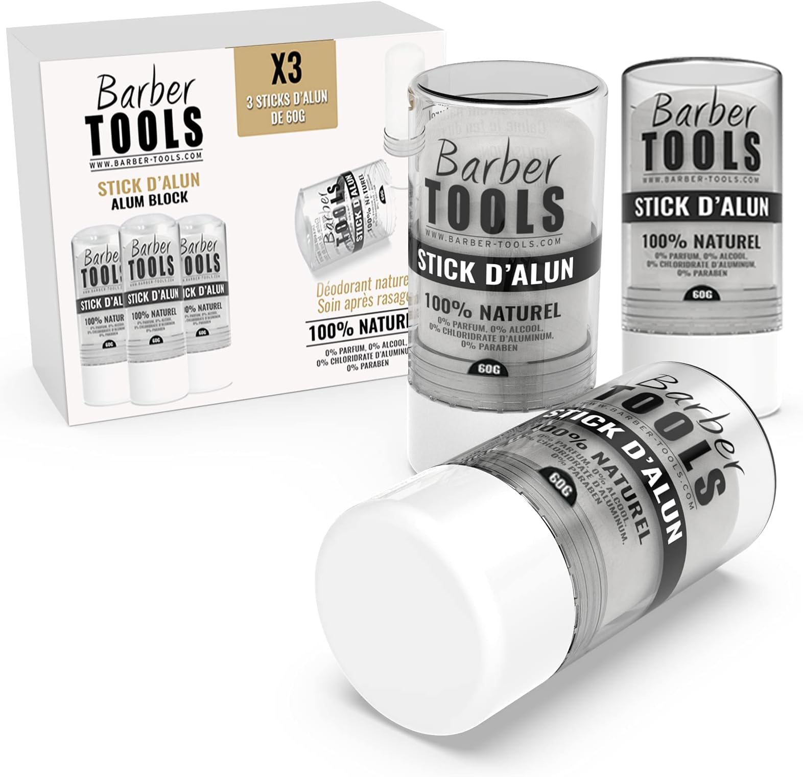 Barber Tools 3 x 60g Alum Stone Deodorant Sticks - 100% Natural - Paraben Free and Aluminium Hydrochloride - Effective against Shaving Cuts