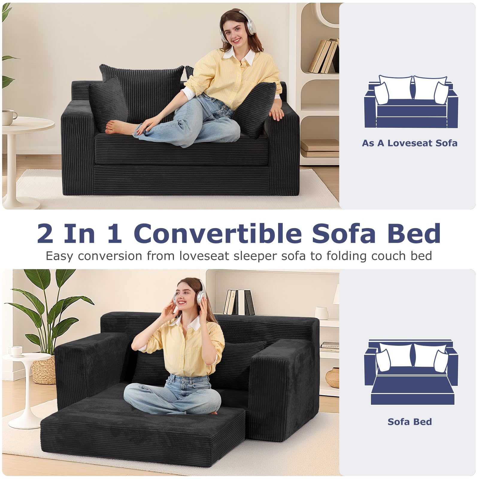 Convertible Sofa Bed, Boneless Couch Loveseat, 2 in 1 Folding Couch Bed, Fold Out Comfy Floor Futon Sofa with Pillows for Living Room Bedroom, Black