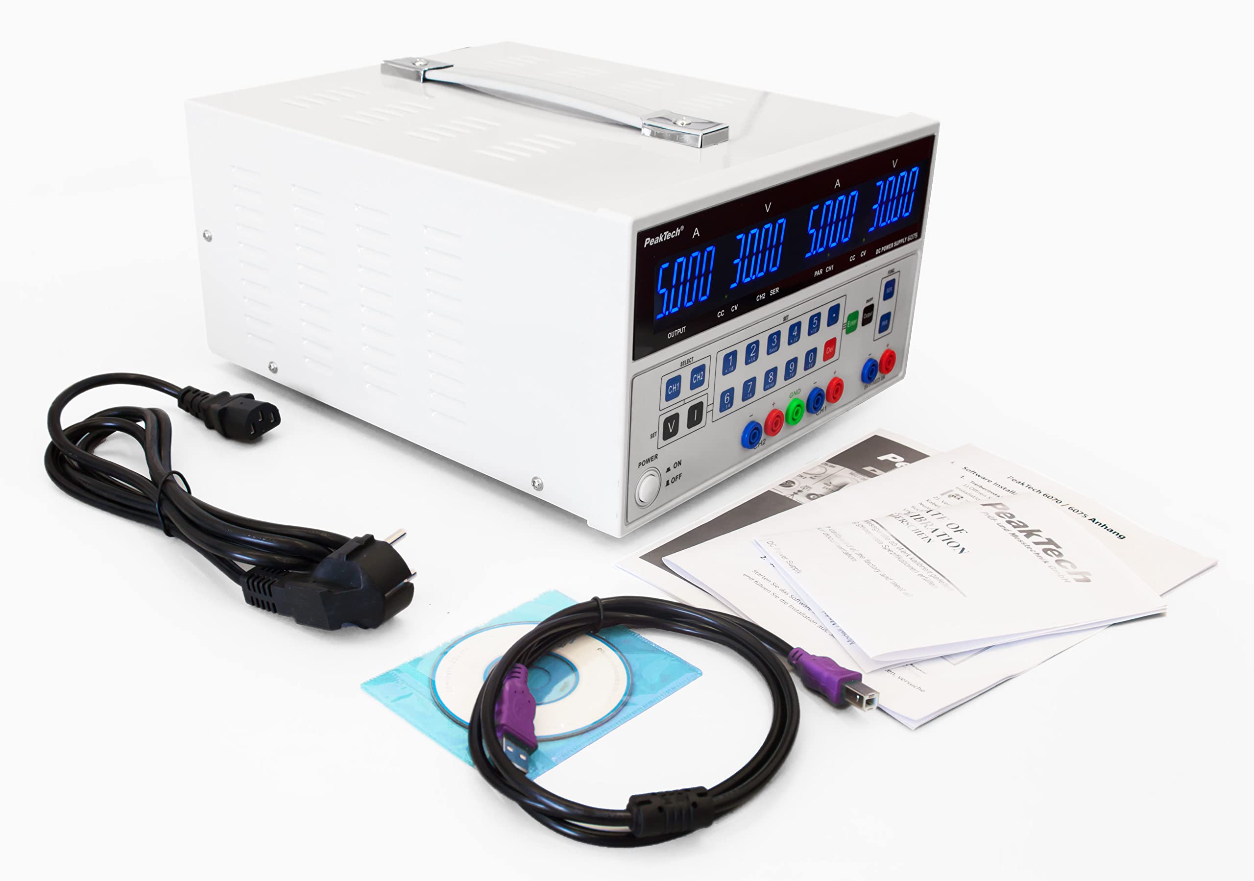 PeakTech - Alimentatore da laboratorio digitale doppio, 0-30 V / 0-5 A DC con USB, stabilizzato, lineare, 1 mA e risoluzione 10 mV, senza ventola, 1 pezzo, P 6075