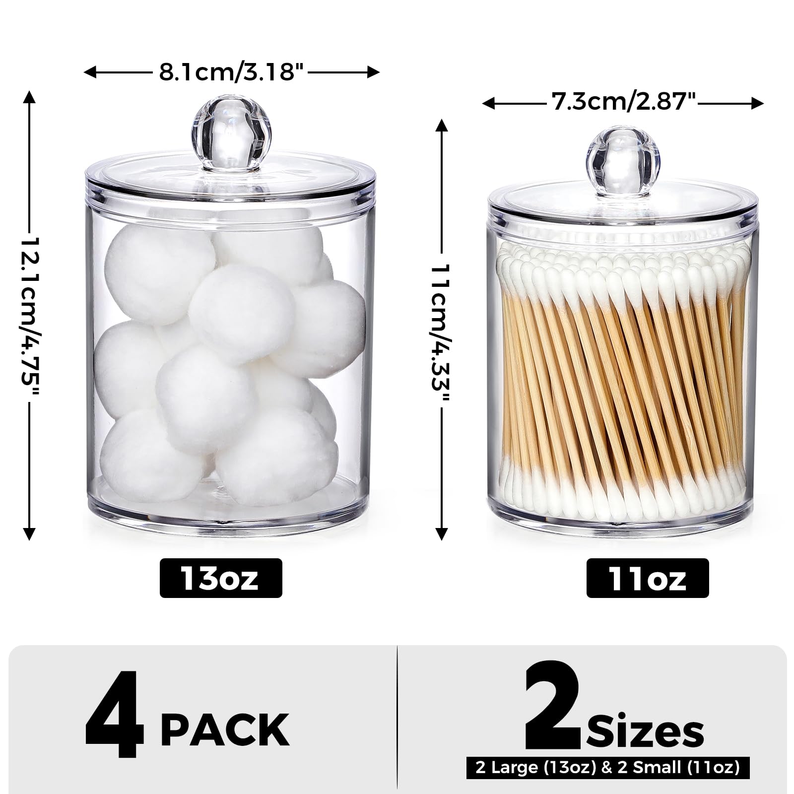 4 Pack Acrylic Qtip Holder Dispenser for Cotton Swabs, Balls, Pads, Floss Picks- Small Clear Plastic Canister Apothecary Jar Set, Bathroom Essentials Accessories Decor, Vanity Makeup Storage Organizer