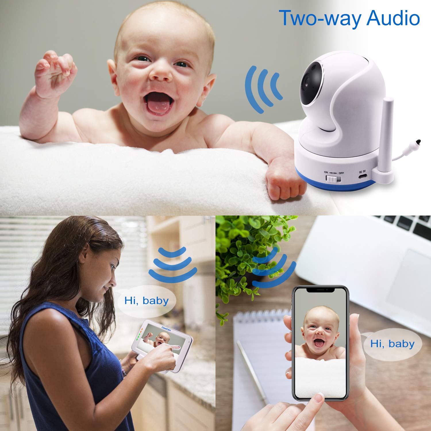 CasaCam Monitor de bebé de modo dual con visión local y remota con pantalla táctil de 5 pulgadas y cámara HD Pan & Tilt, aplicación de teléfono segura, audio bidireccional, canciones de cuna, luz