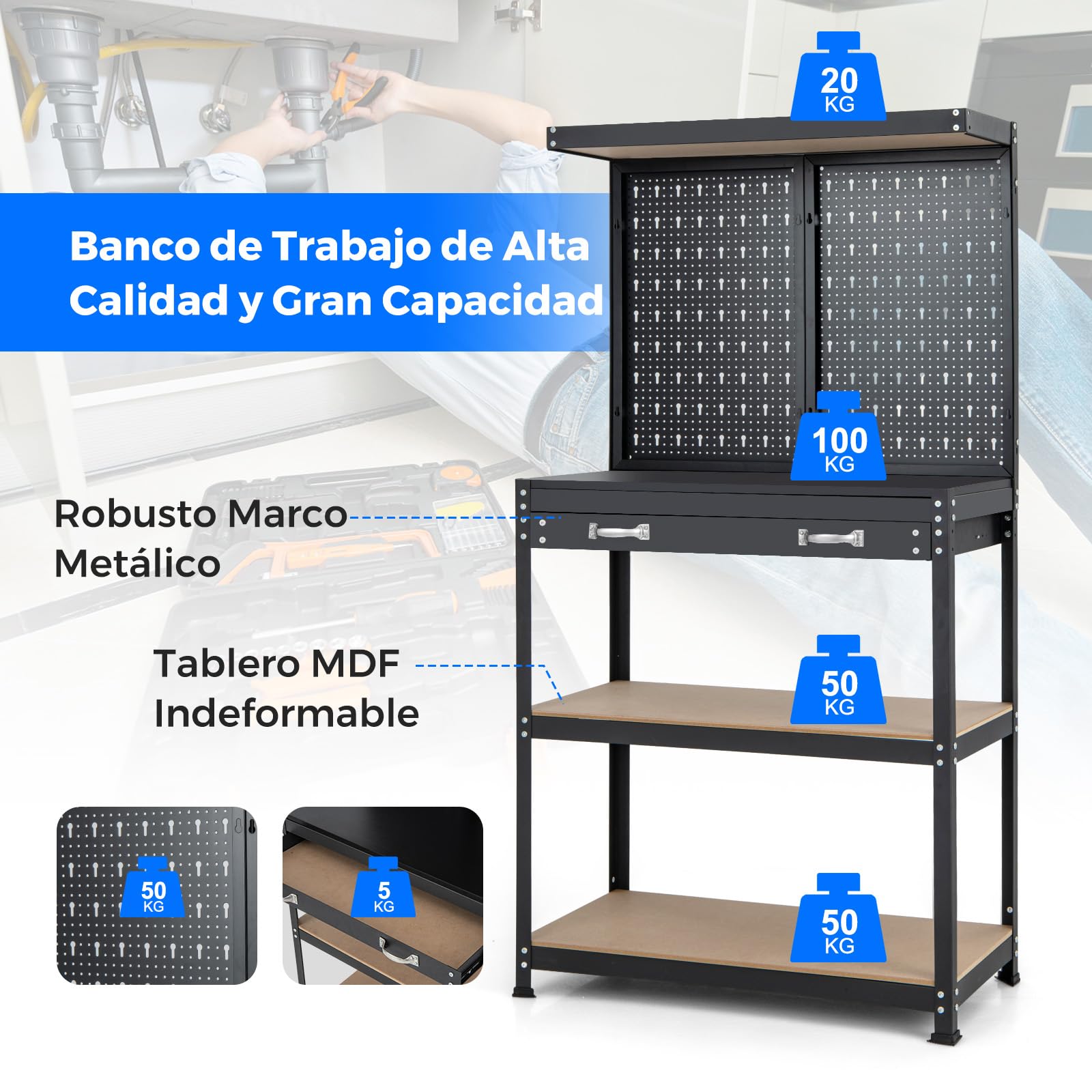 GYMAX Banco de Trabajo Multiusos con Tablero Perforado, 2 Estantes con Neumáticos, Espacio Superior, Cajón y Marco de Metal Robusto, para Talleres, Almacenes y Sótanos (Negro+Azul)