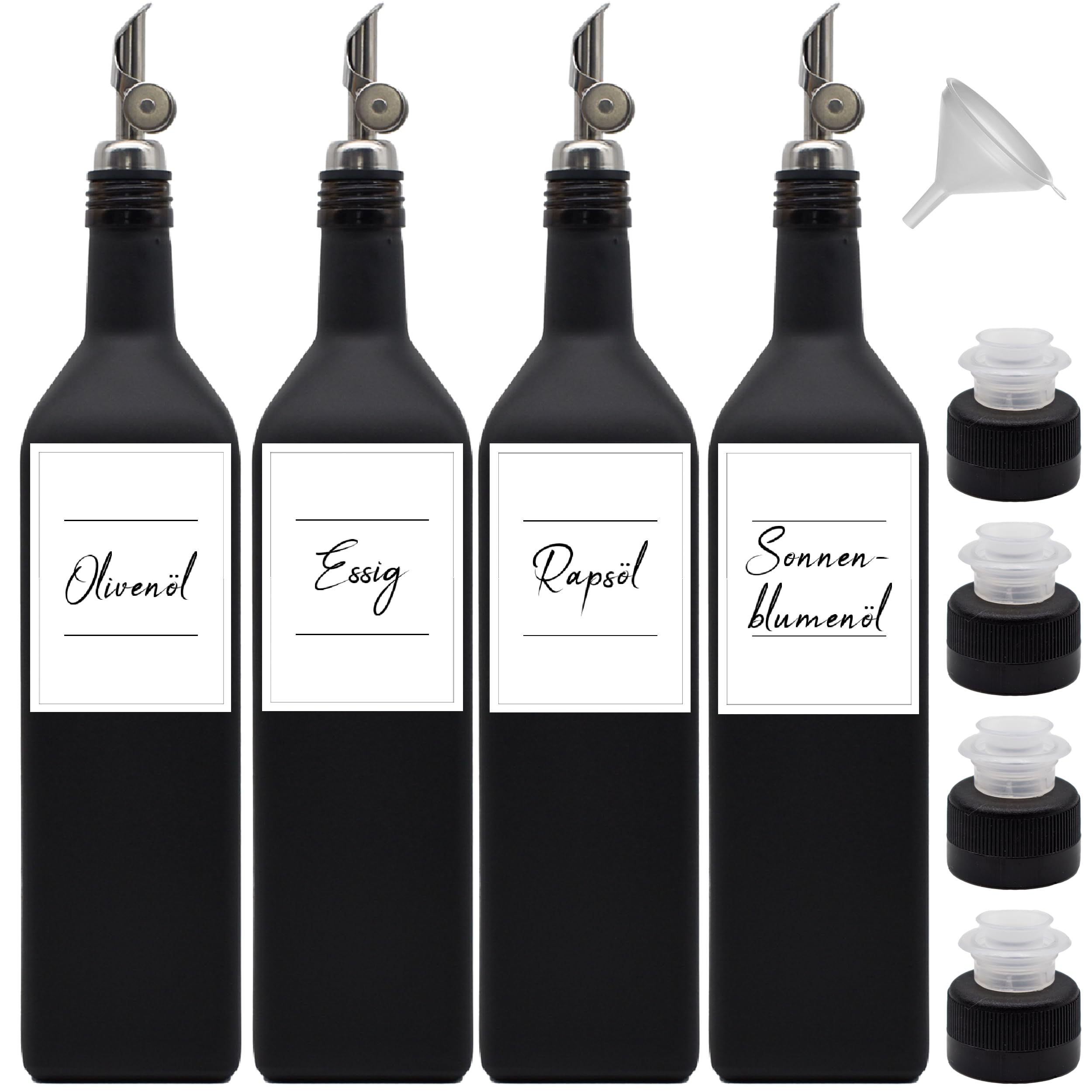 Ölflasche 1l aus Glas in schwarz-matt mit Edelstahl-Ausgießer, Deckel, Trichter und wasserfeste Etiketten (Free-Flow Ausgießer, Schriftart 1)