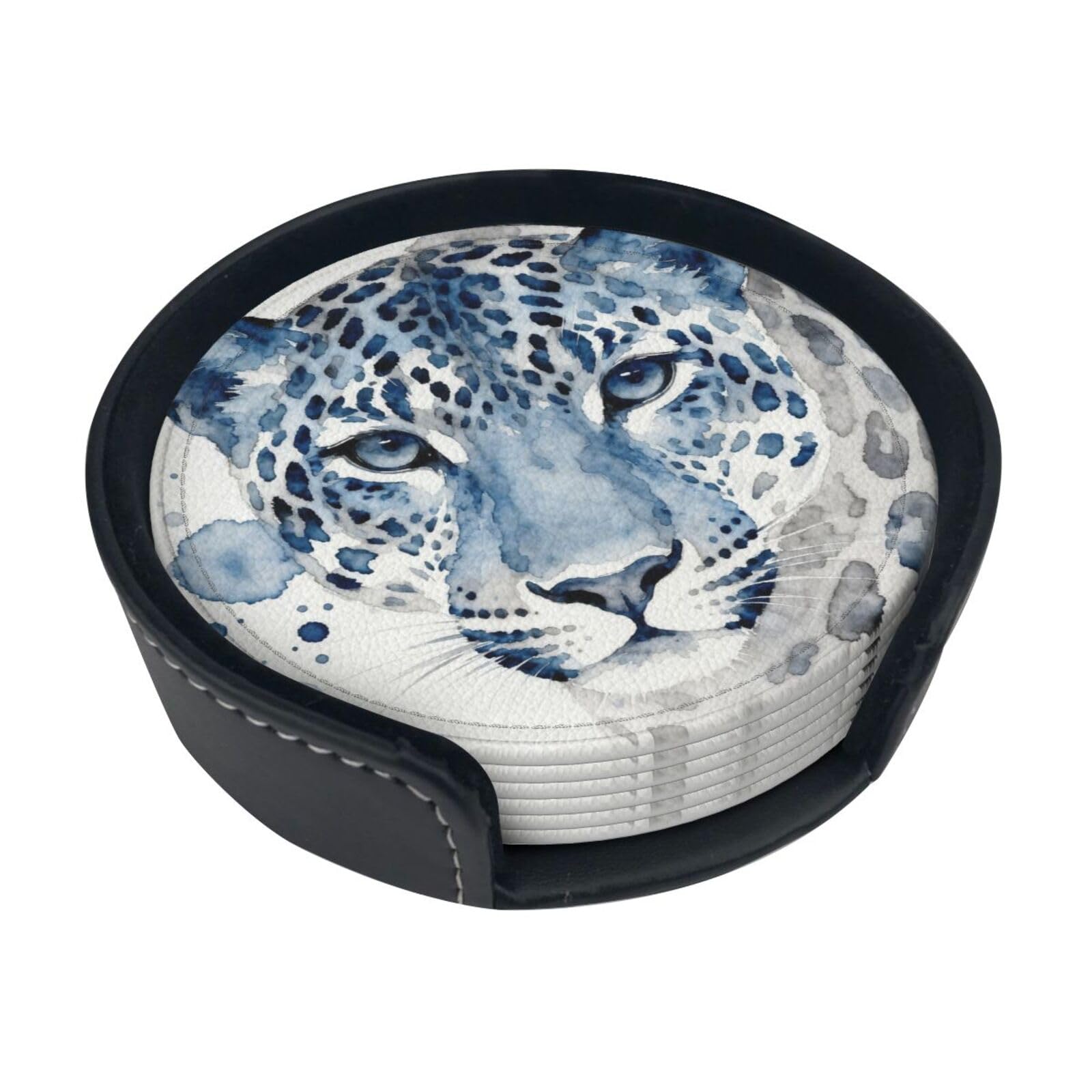 Blue leopard pattern Leather Coasters-Set of 6 with Storage Holder