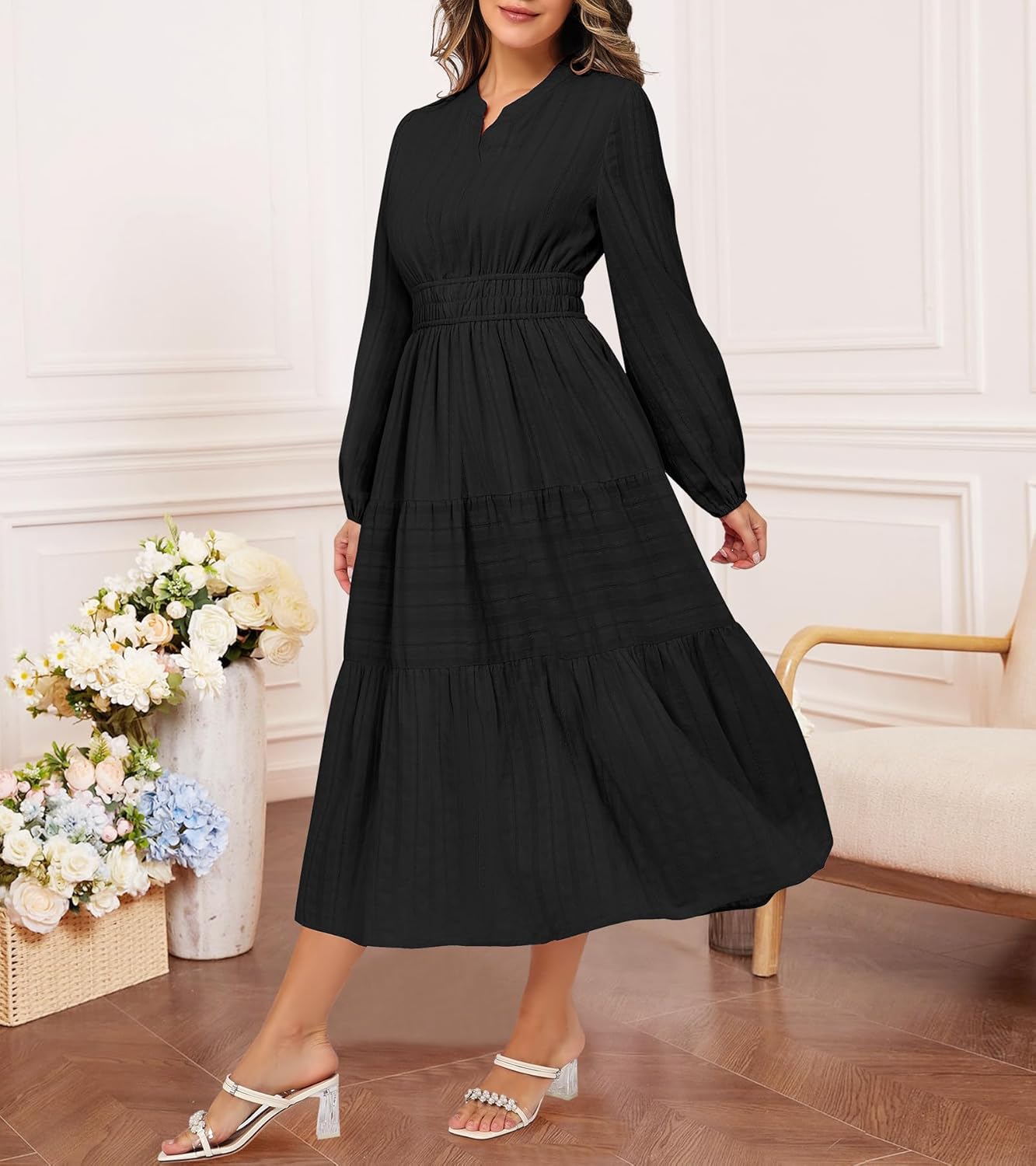 Fall Dresses for Women 2025 Casual Long Sleeve V Neck Elastic Waist Soft Maxi Wedding Guest Dress Pockets - Image 5