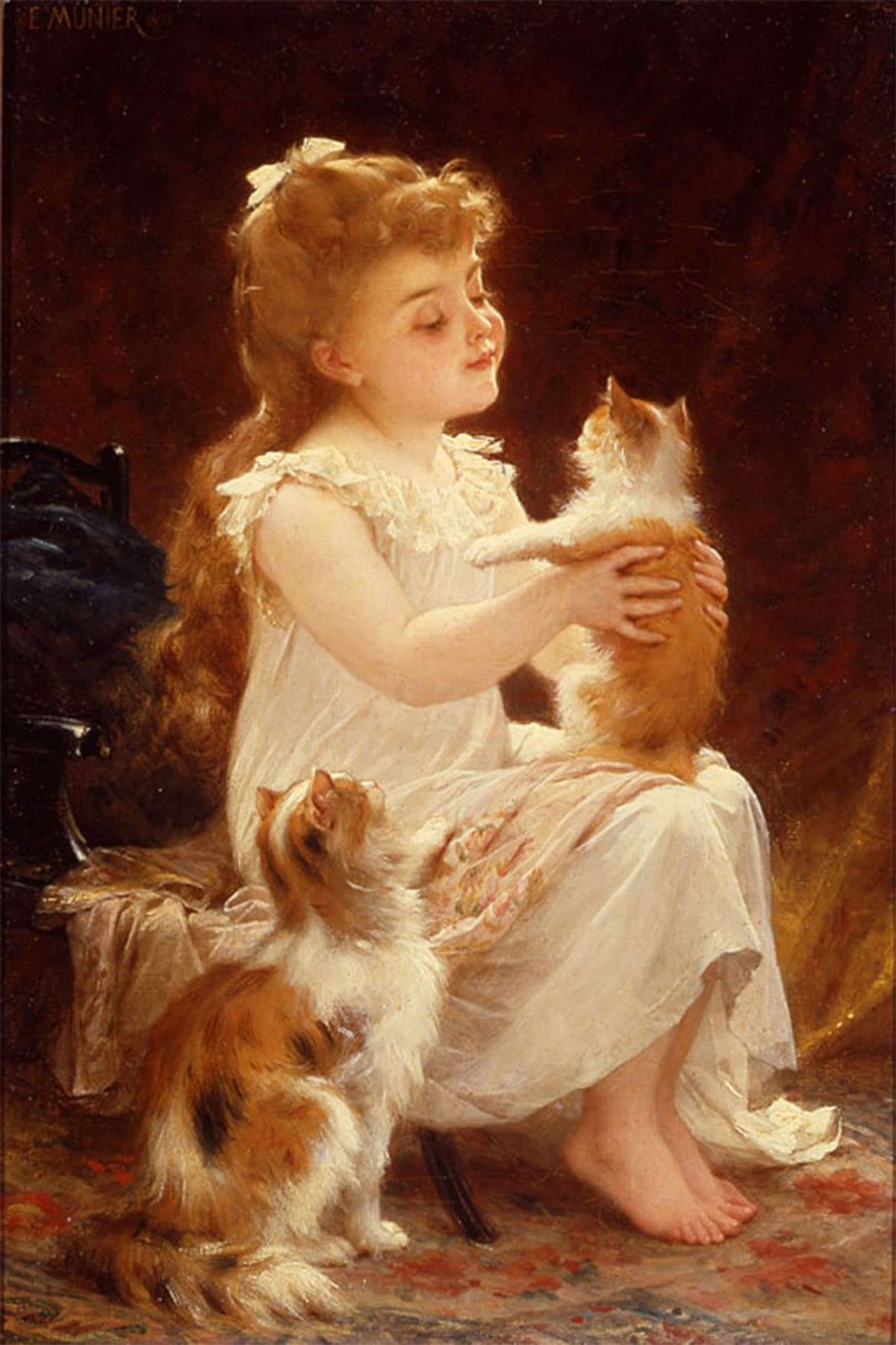 POSTERIIk Famous Animal Posters Vintage Picture Playing with the Kitten Emile Munier Modern Wall Decor for Home Decor 60x90cm