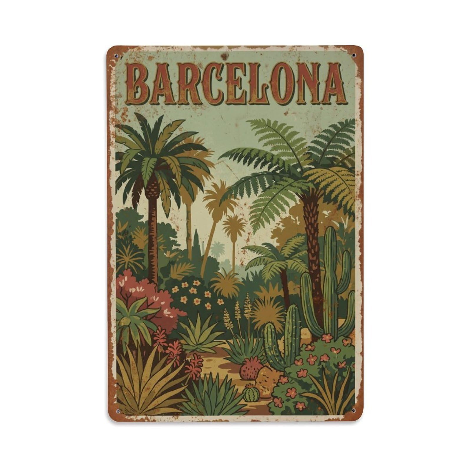 Okngb Style Botanical Gardens Mediterranean Barcelona Retro Tourism Metal Tin Sign Plaque Wall Decor For Cafe, Man Cave, Club Bar, Office, Home Garden Round Metal Poster 8X12inch