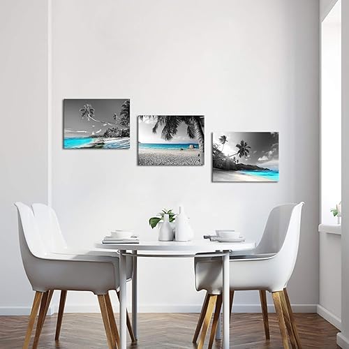 Miniatura 5 de SkenoArt 3 paneles de lienzo azul verdoso arte de pared negro blanco Hawaii playa imágenes tropicales palmeras impresiones para el hogar, oficina,