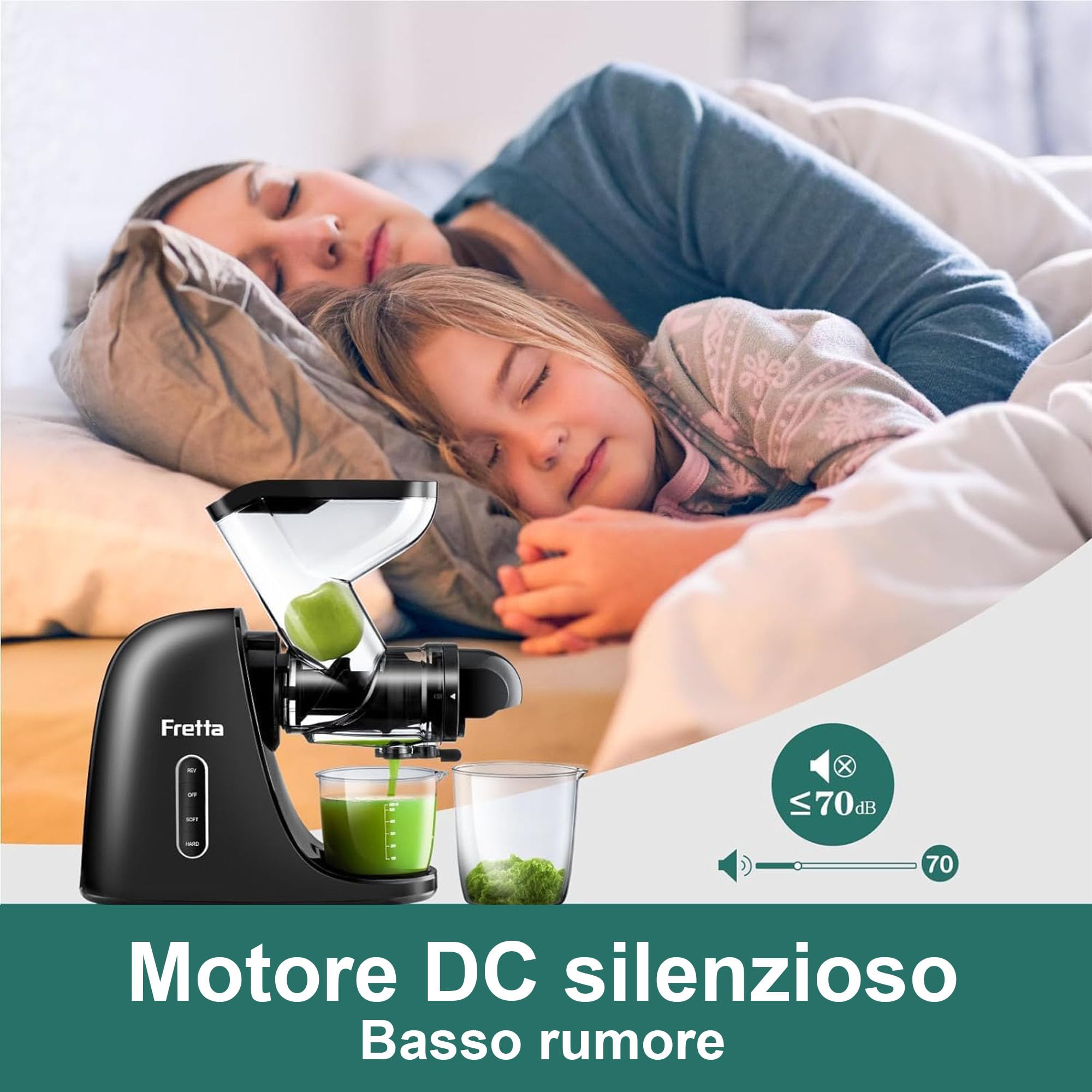 Fretta Estrattore frutta e verdura, Ampio scivolo da 76 mm, Senza BPA, Estrattore di succo silenzioso con funzione inversa, Facile da pulire (Nero)