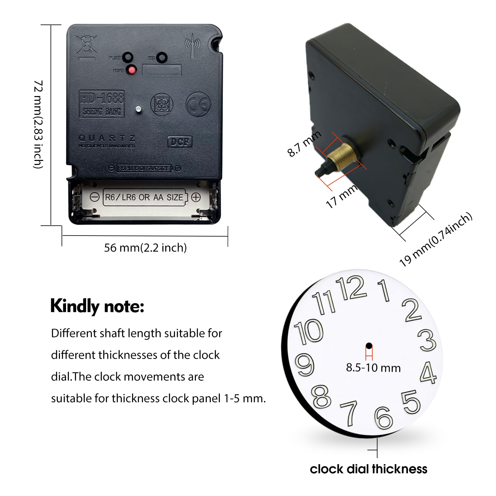 DEEWISH Stille radiogestuurde wandklok - Quartz uurwerk - Reserveonderdelen - 56 x 36 x 72 mm (l x b x h) - wijzers van een horloge