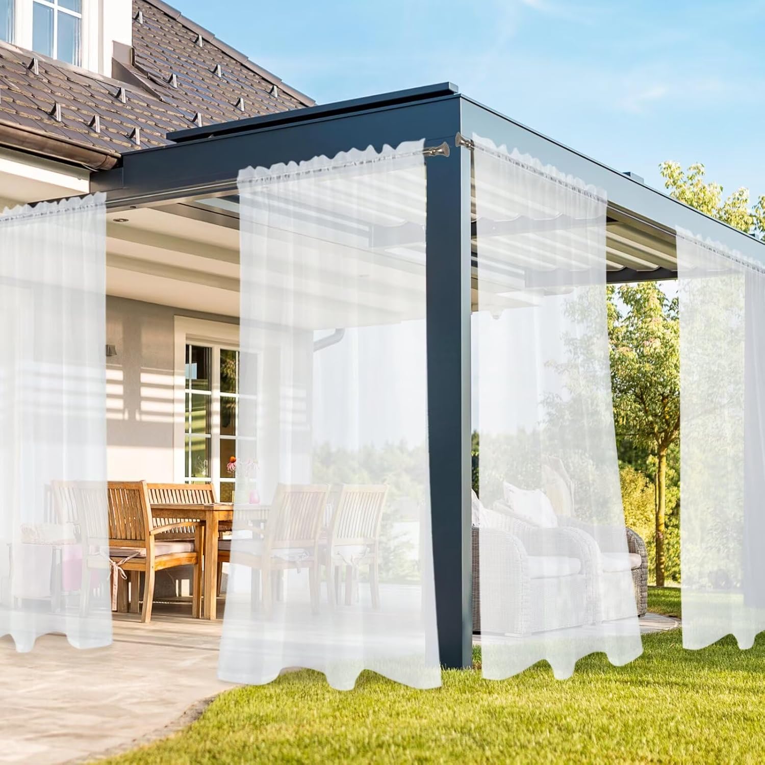 SpaceDresser Outdoor Sheer Curtains for Patio, 4 Panels Waterproof Rod Pocket Indoor Curtain for Living Room, Porch, Pergola, Cabana, Gazebo, 52 x 84 Inch White